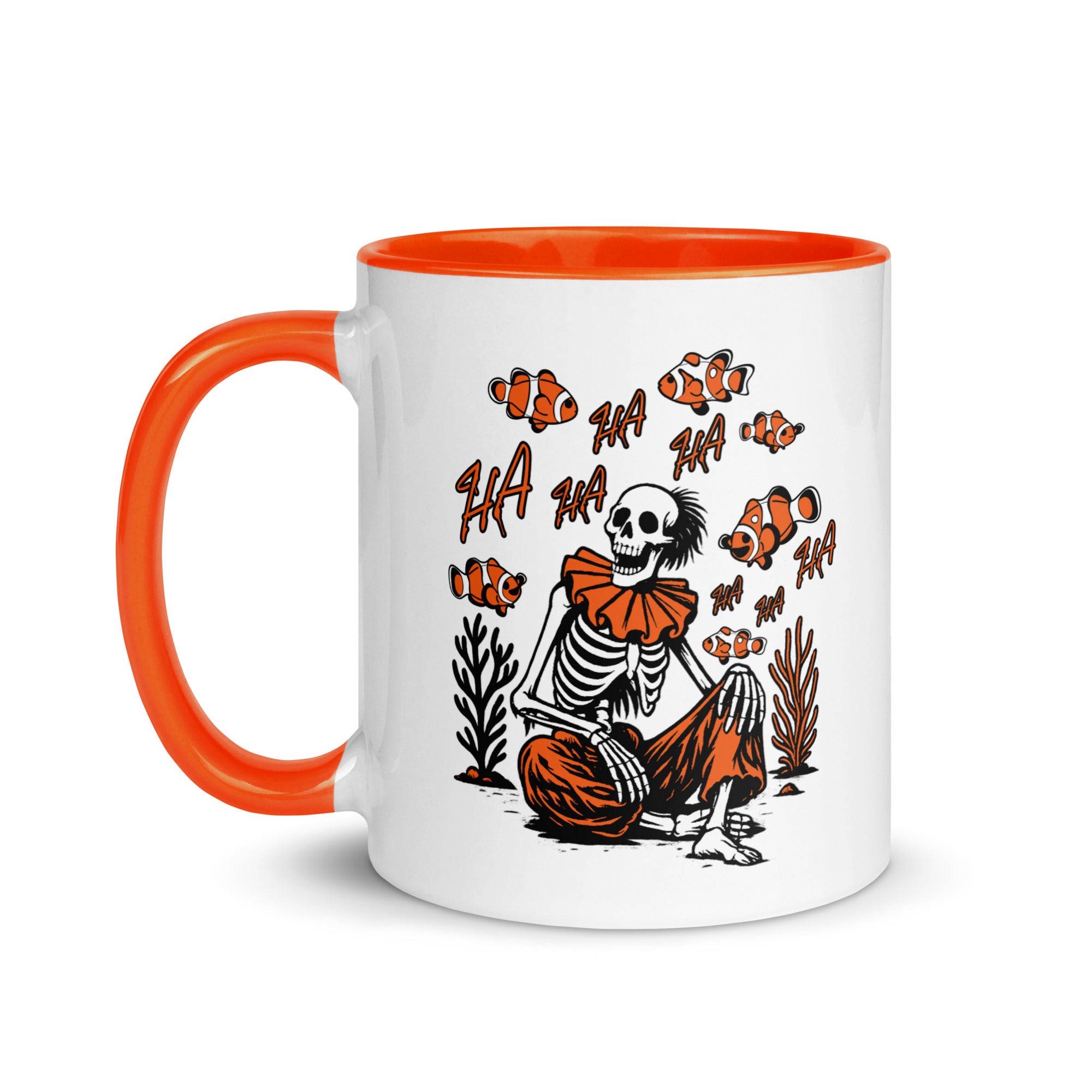 "I Started A Joke" white ceramic 11oz mug with orange interior and handle, left view, featuring skeleton clown surrounded by laughing clownfish with "HA HA" text graphic – 17th & Surf