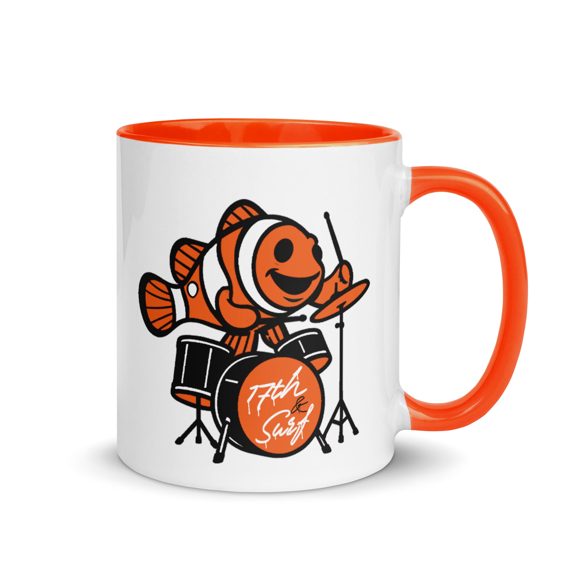 "I Started A Joke" white ceramic 11oz mug with orange interior and handle, right view, featuring skeleton clown surrounded by clownfish with "HA HA" text graphic – 17th & Surf