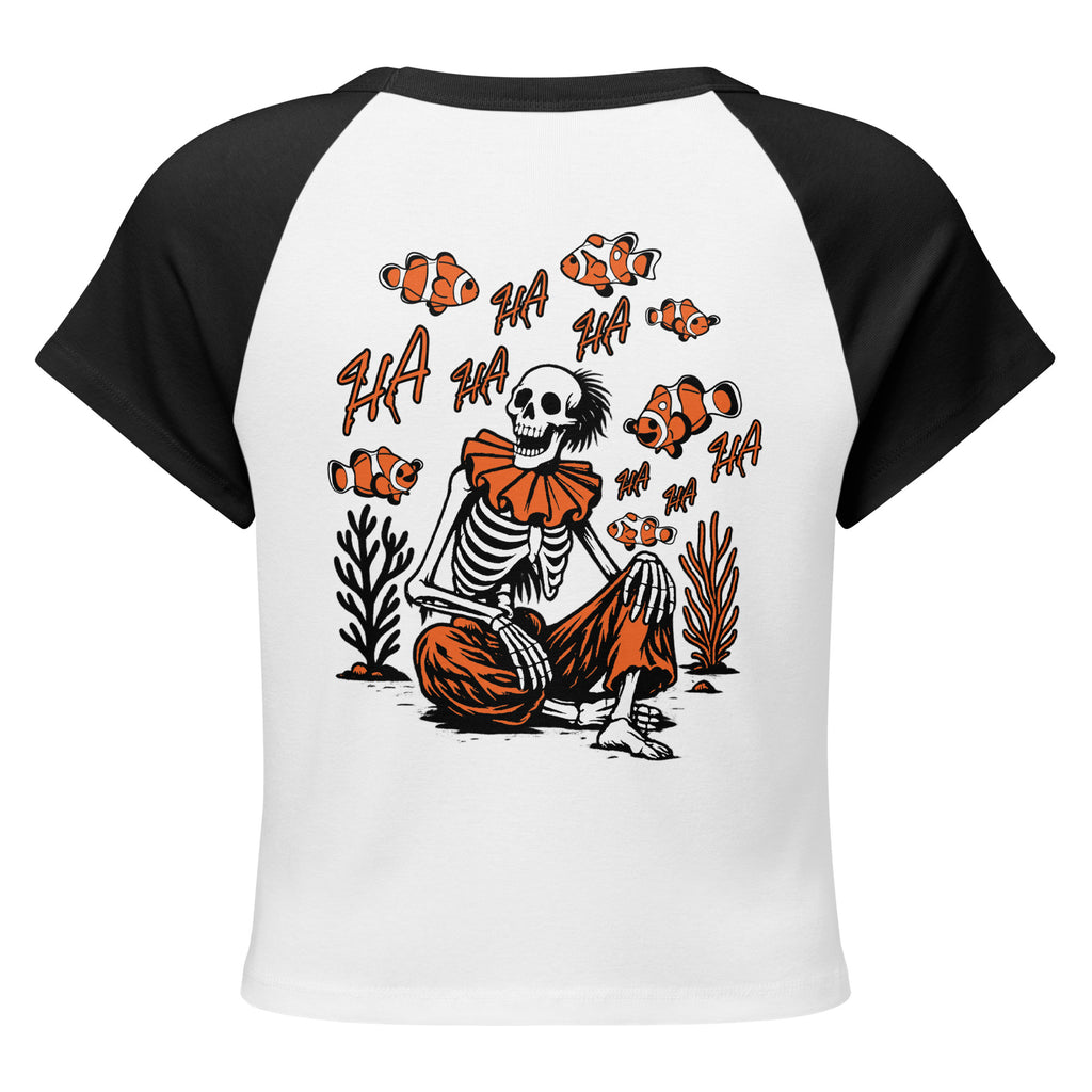 "I Started A Joke" raglan boxy tee back view featuring skeleton clown surrounded by laughing clownfish with "HA HA" text graphic – 17th & Surf
