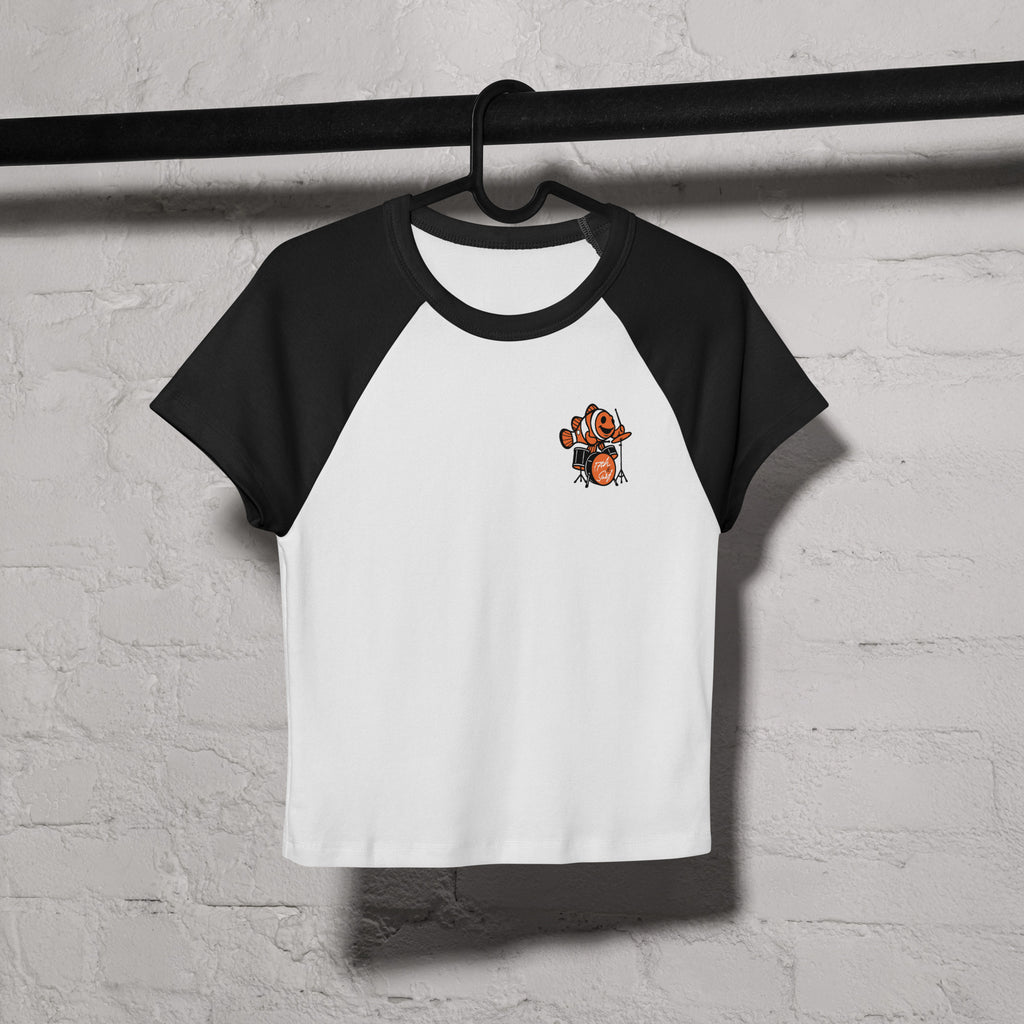 "I Started A Joke" raglan boxy tee front angle view showing small clownfish-playing-drums chest logo – 17th & Surf