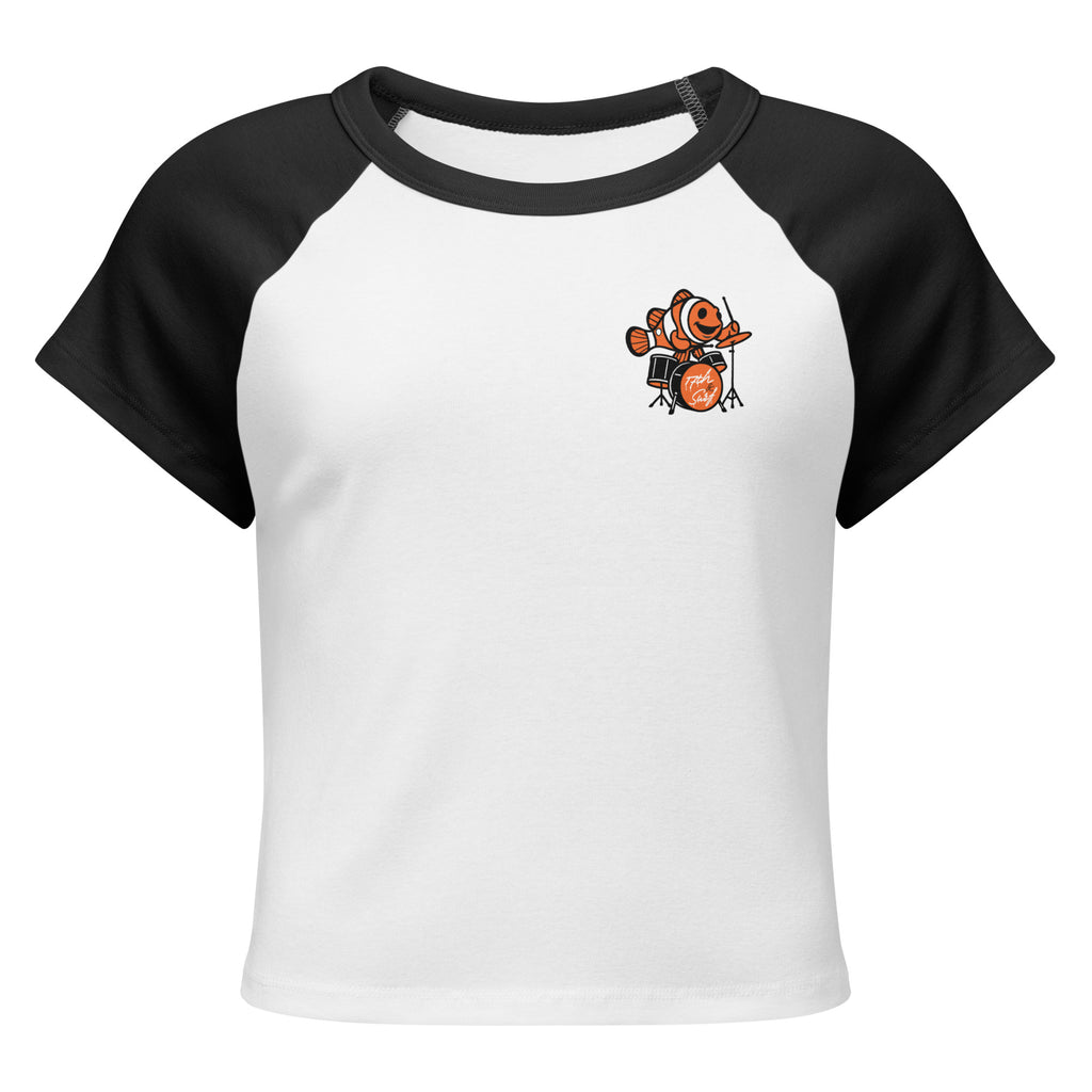 "I Started A Joke" raglan boxy tee front view showing small clownfish-playing-drums chest logo – 17th & Surf