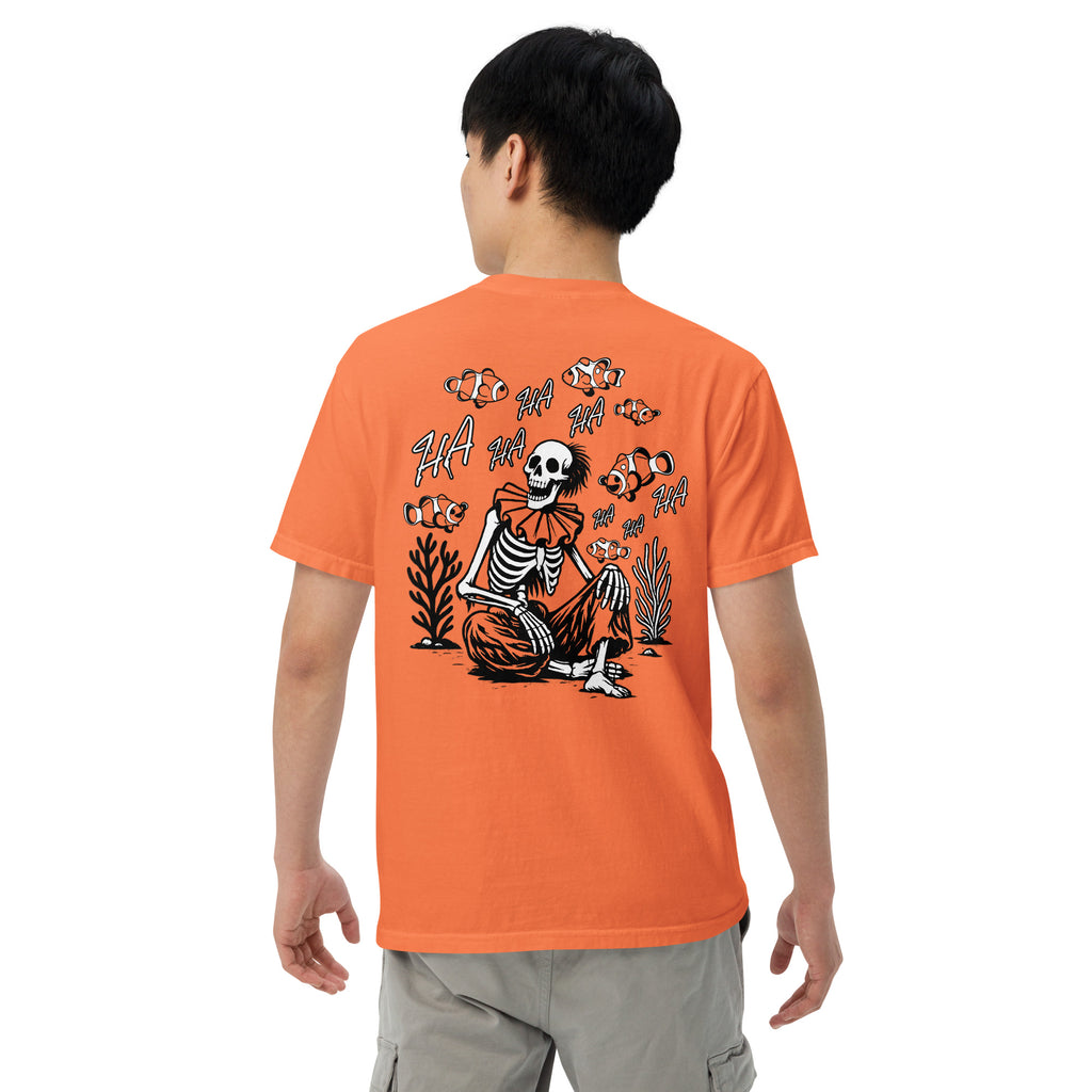 "I Started A Joke" garment-dyed heavyweight tee back angle in burnt orange showing skeleton clown surrounded by clownfish with "HA HA" text graphic – 17th & Surf