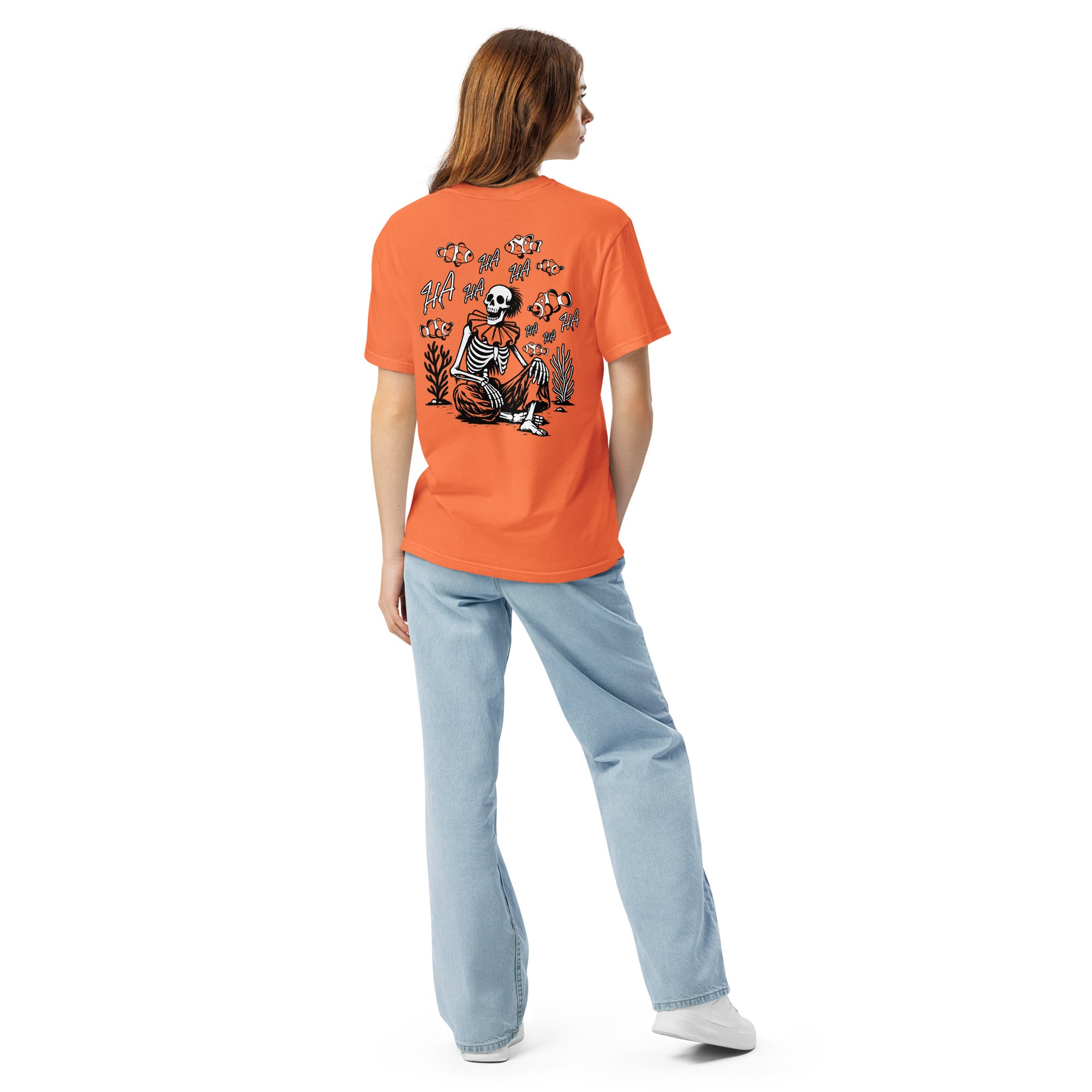 "I Started A Joke" garment-dyed heavyweight tee back view in burnt orange featuring skeleton clown surrounded by laughing clownfish with "HA HA" text graphic – 17th & Surf