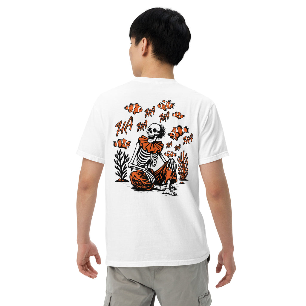 "I Started A Joke" garment-dyed heavyweight tee back angle in white showing skeleton clown surrounded by clownfish with "HA HA" text graphic – 17th & Surf