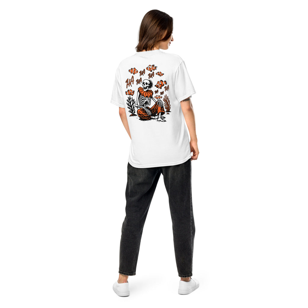 "I Started A Joke" garment-dyed heavyweight tee back view in white featuring skeleton clown surrounded by laughing clownfish with "HA HA" text graphic – 17th & Surf