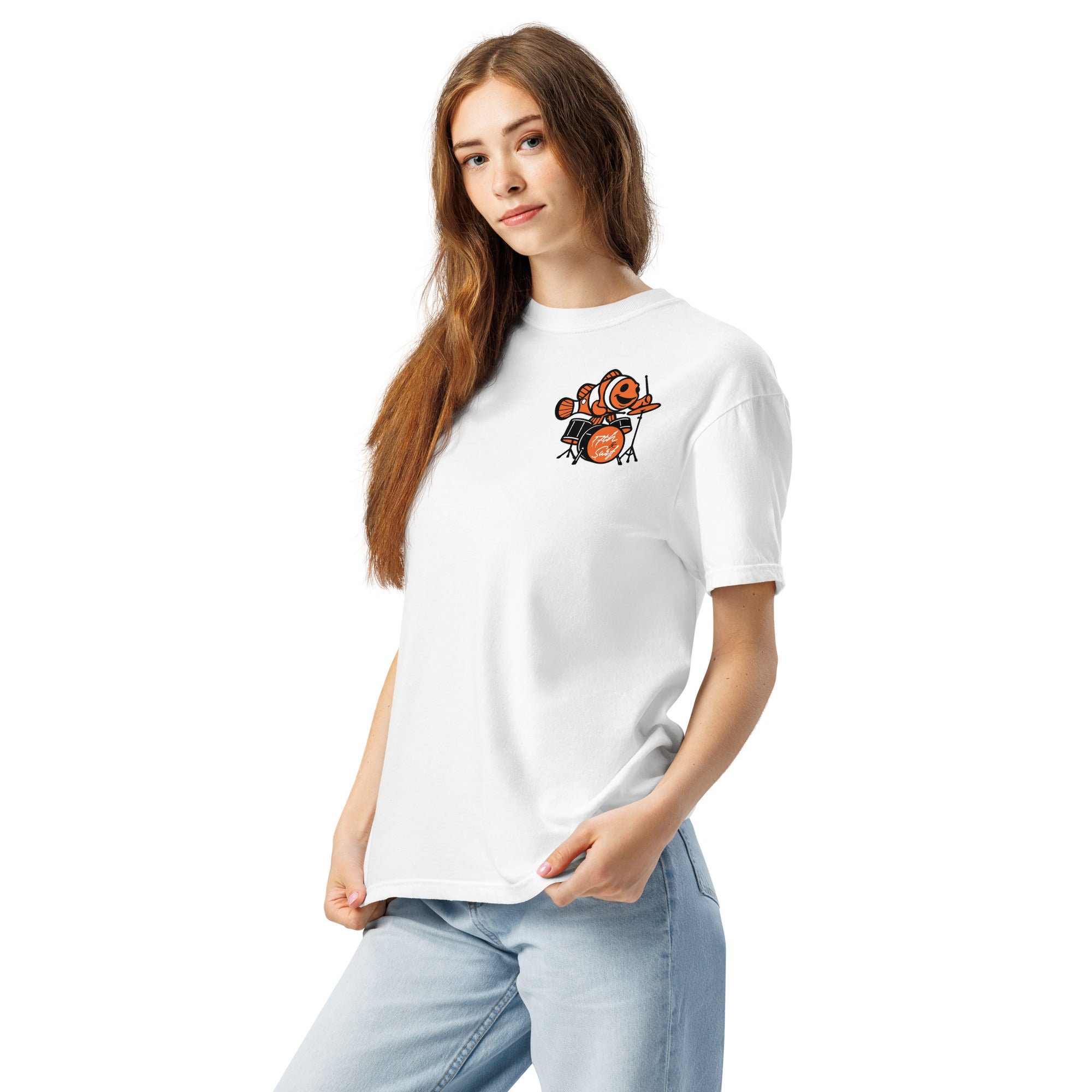 "I Started A Joke" garment-dyed heavyweight tee left front angle in white showing small clownfish-playing-drums chest logo – 17th & Surf