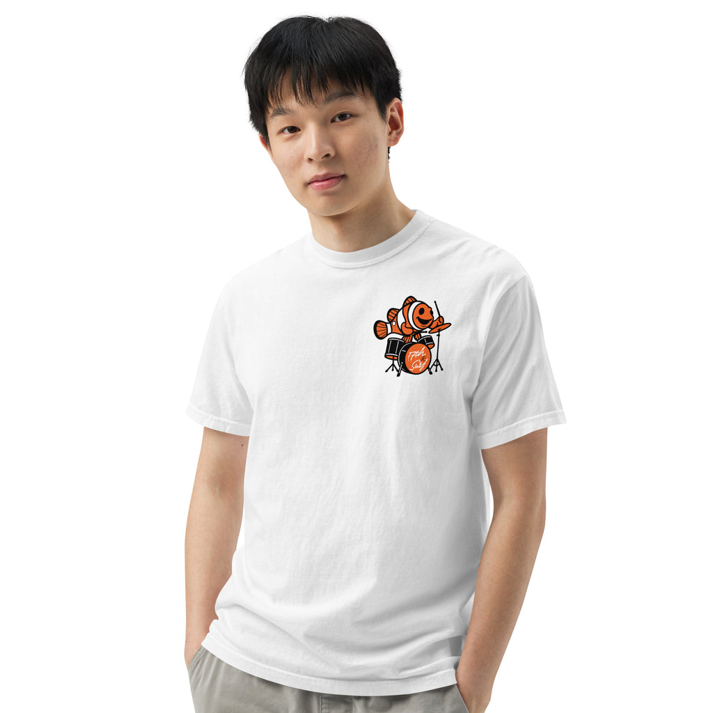 "I Started A Joke" garment-dyed heavyweight tee front view in white showing small clownfish-playing-drums chest logo – 17th & Surf