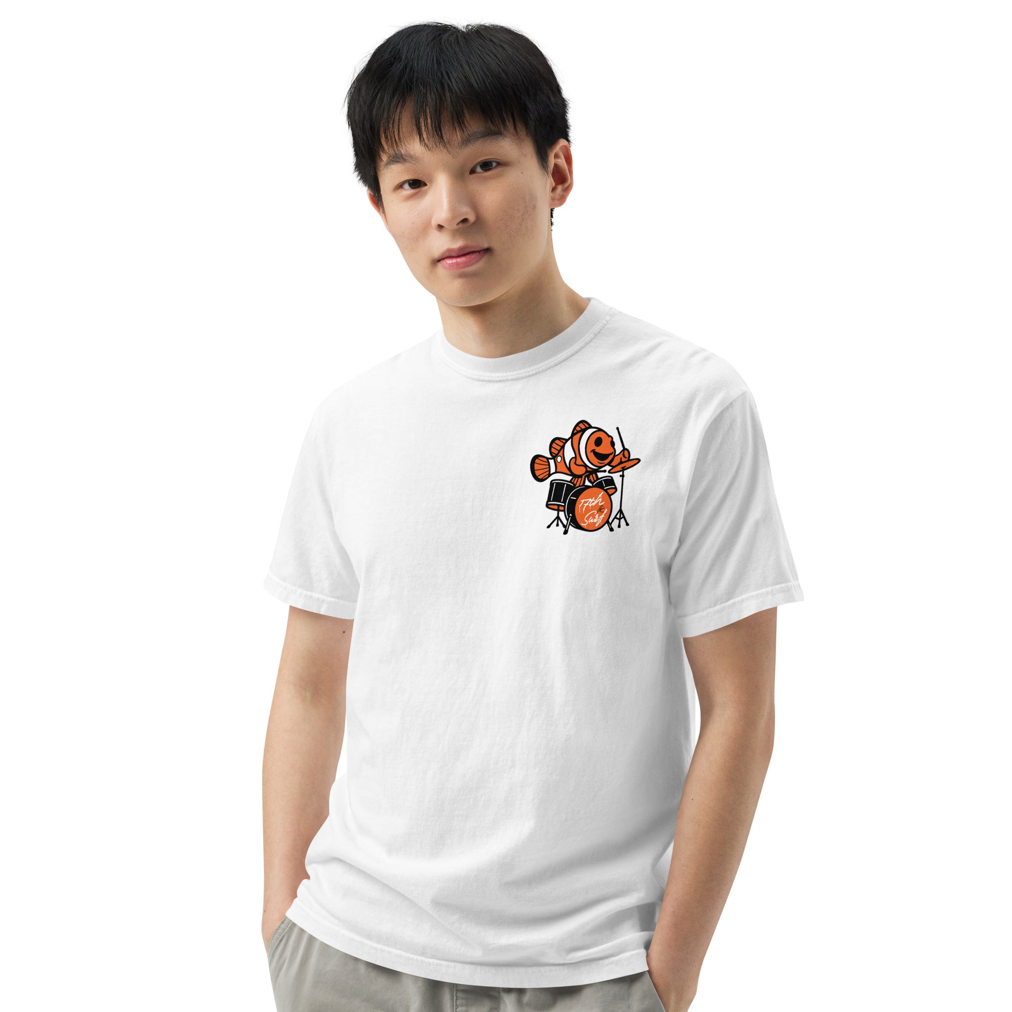 "I Started A Joke" garment-dyed heavyweight tee front view in white showing small clownfish-playing-drums chest logo – 17th & Surf