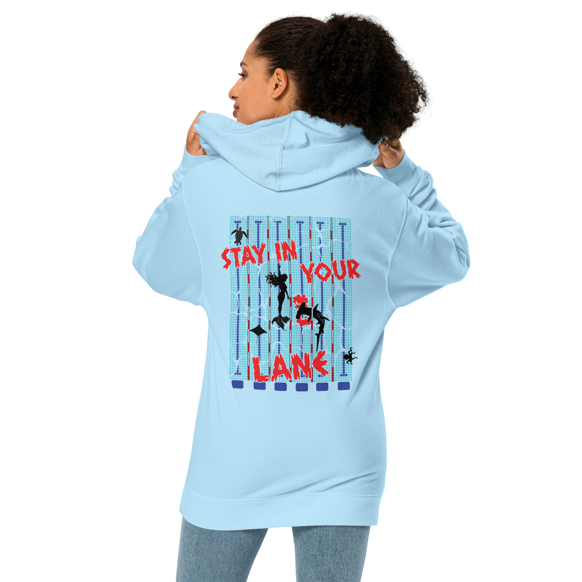 "Stay In Your Lane" Blue Aqua unisex midweight hoodie, back view – "Stay In Your Lane" Series by 17th & Surf