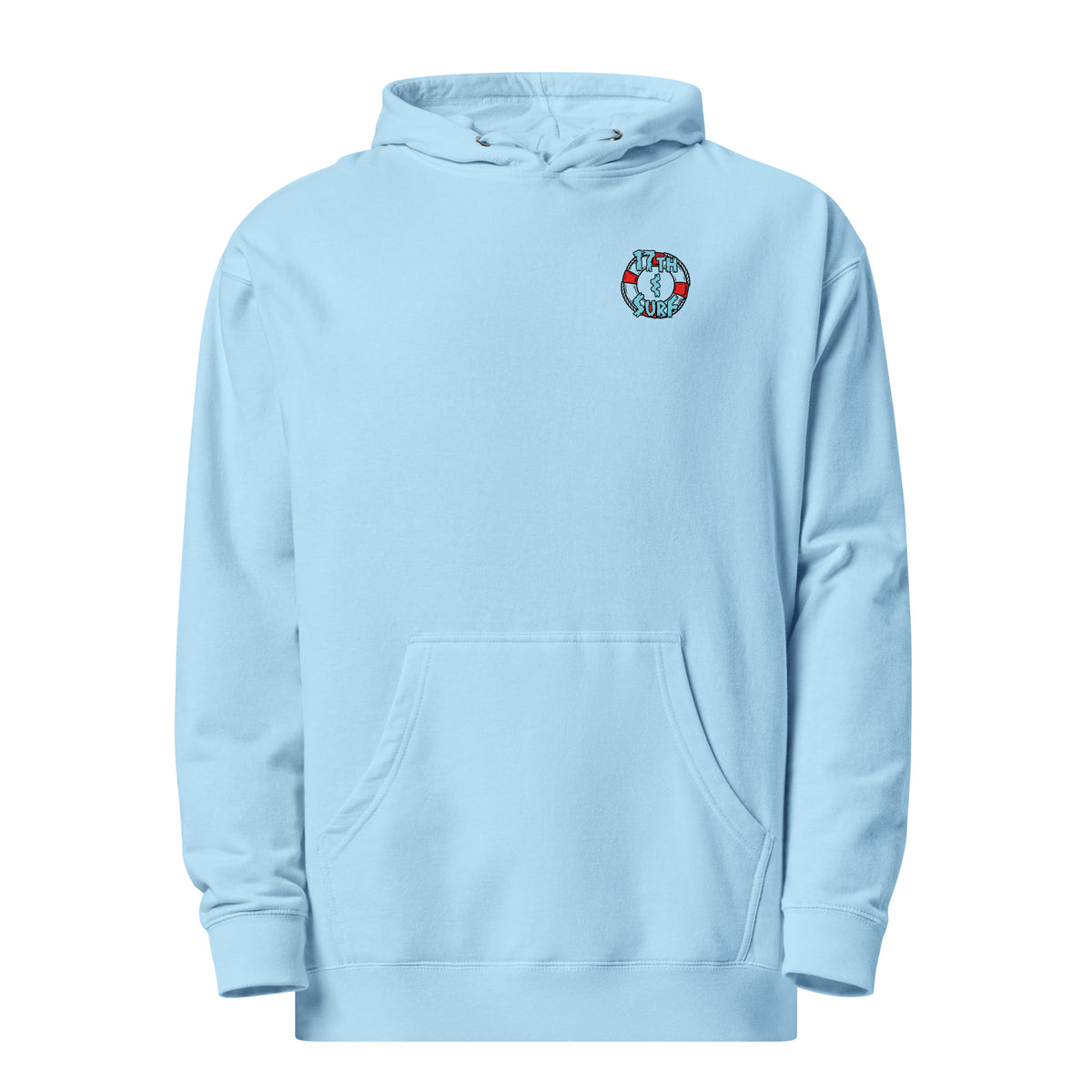 "Stay In Your Lane" Blue Aqua unisex midweight hoodie, front view, featuring a mermaid holding her lane as a hammerhead shark crashes through the ropes in a burst of blood and coral, with a sea turtle, manta ray, and octopus looking on – "Stay In Your Lane" Series by 17th & Surf