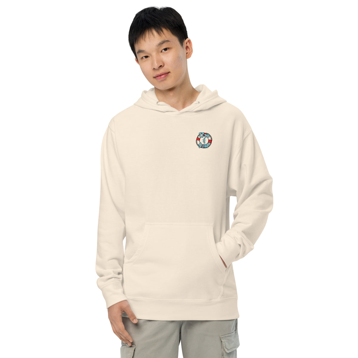 "Stay In Your Lane" Bone unisex midweight hoodie, front view, featuring a mermaid holding her lane as a hammerhead shark crashes through the ropes in a burst of blood and coral, with a sea turtle, manta ray, and octopus looking on – "Stay In Your Lane" Series by 17th & Surf