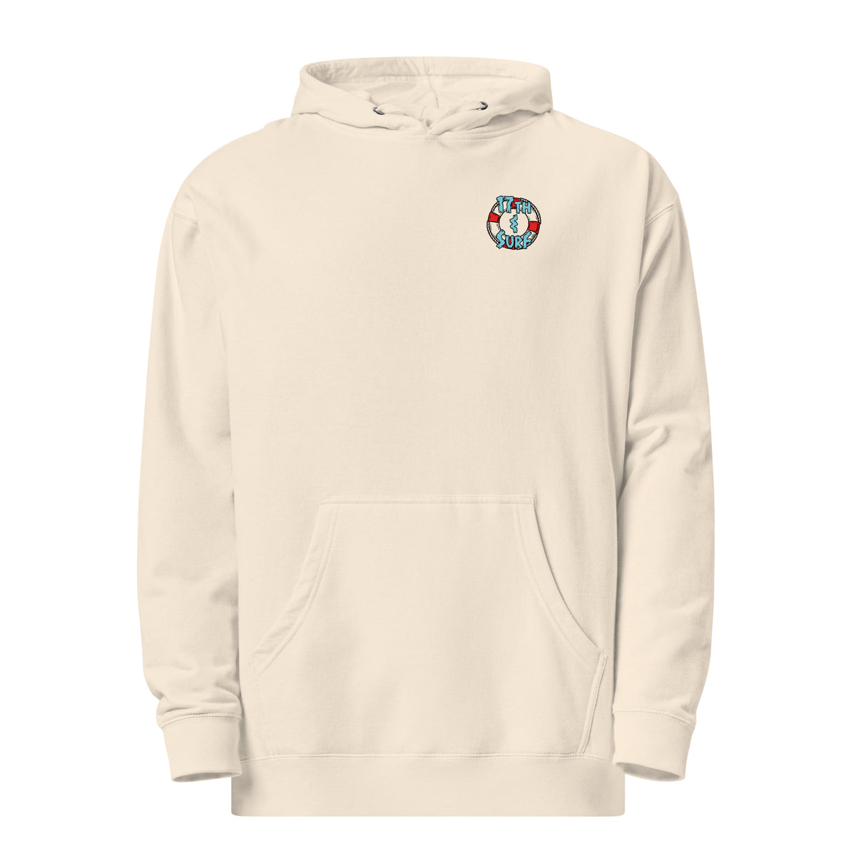 "Stay In Your Lane" Bone unisex midweight hoodie, front view, featuring a mermaid holding her lane as a hammerhead shark crashes through the ropes in a burst of blood and coral, with a sea turtle, manta ray, and octopus looking on – "Stay In Your Lane" Series by 17th & Surf