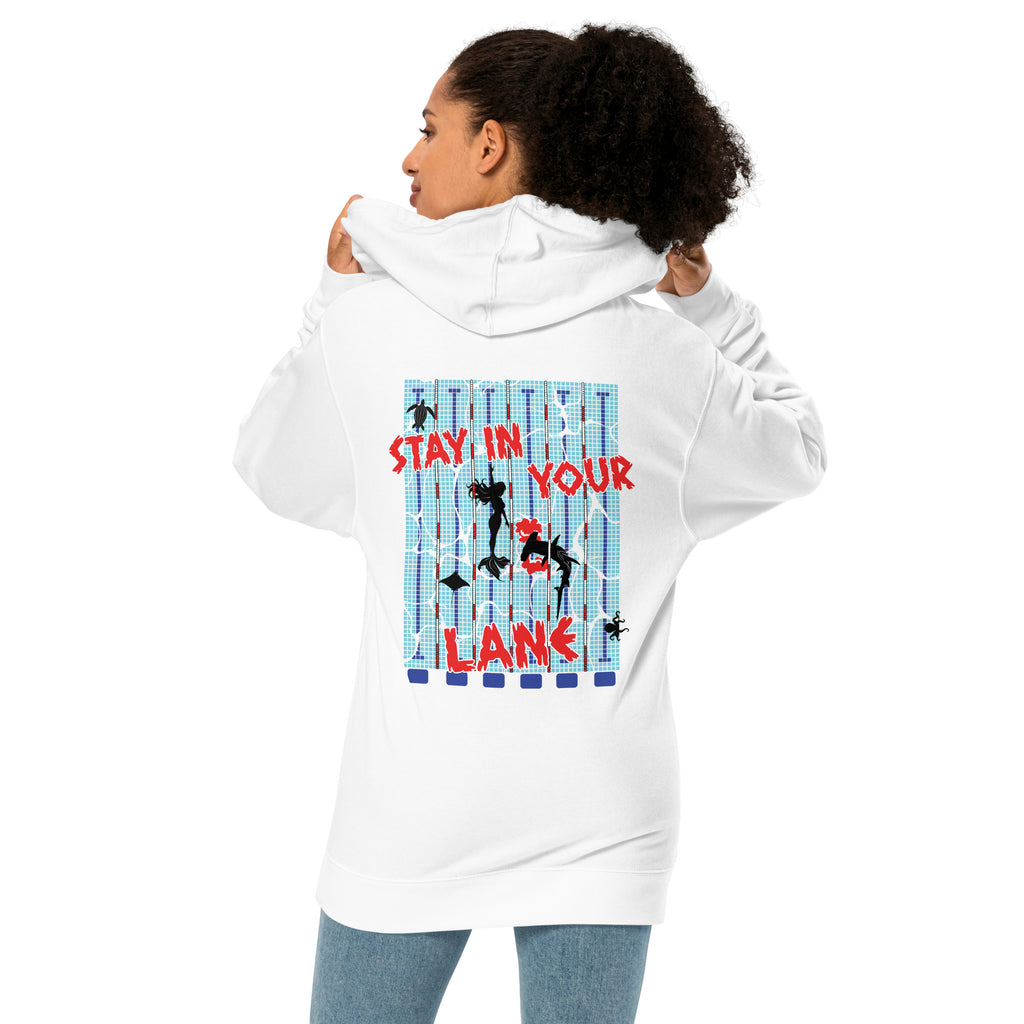 "Stay In Your Lane" white unisex midweight hoodie, back view – "Stay In Your Lane" Series by 17th & Surf