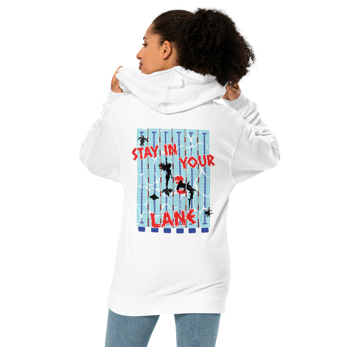 "Stay In Your Lane" white unisex midweight hoodie, back view – "Stay In Your Lane" Series by 17th & Surf