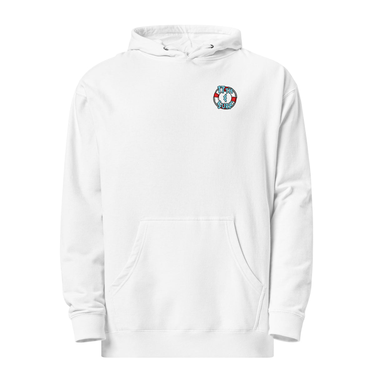 "Stay In Your Lane" white unisex midweight hoodie, front view, featuring a mermaid holding her lane as a hammerhead shark crashes through the ropes in a burst of blood and coral, with a sea turtle, manta ray, and octopus looking on – "Stay In Your Lane" Series by 17th & Surf