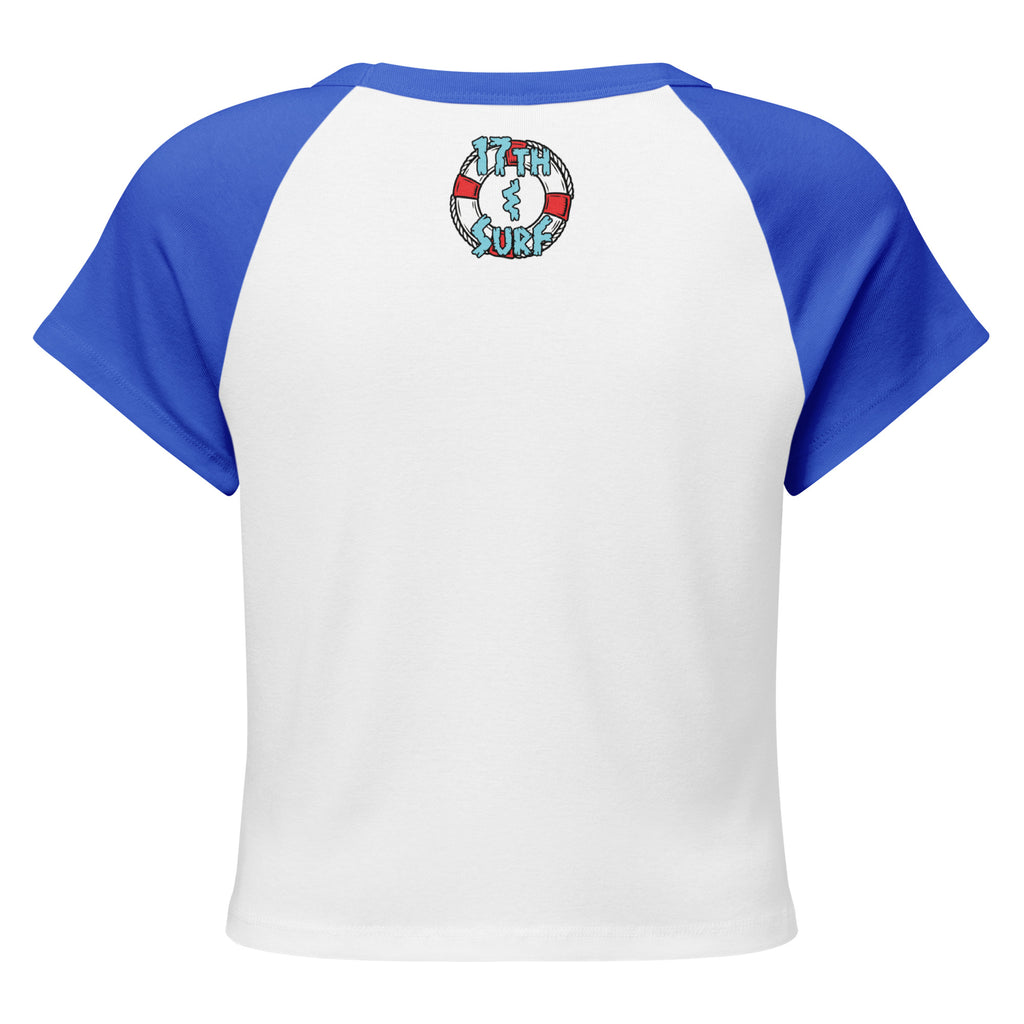 "Stay In Your Lane" women's micro rib raglan boxy baby tee, white body with true royal blue raglan sleeves, back view – "Stay In Your Lane" Series by 17th & Surf