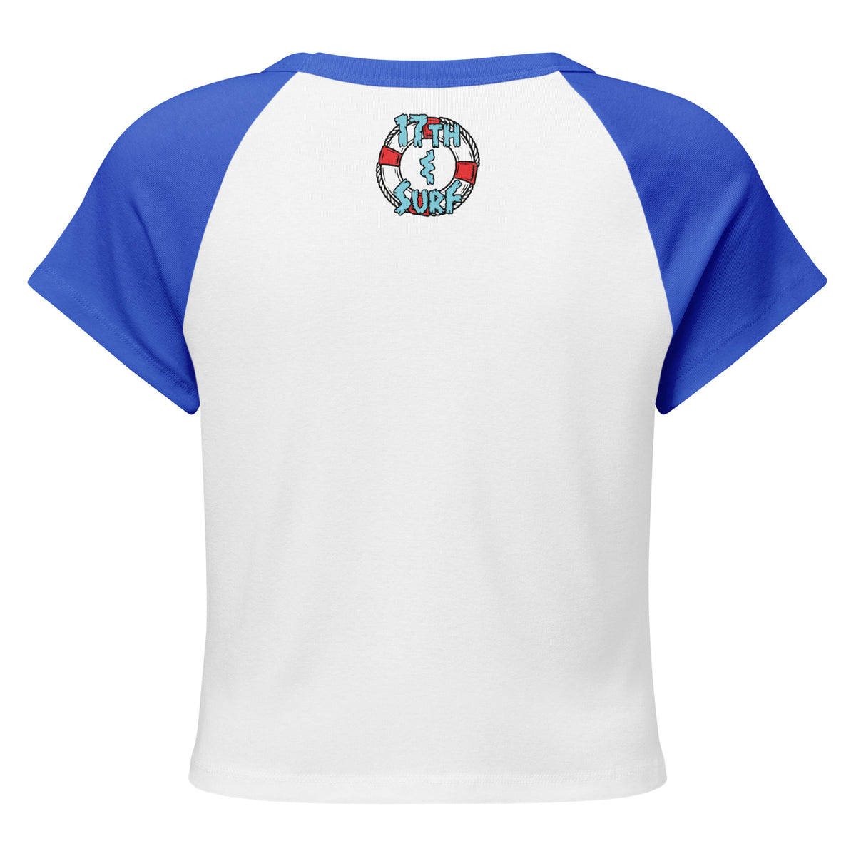 "Stay In Your Lane" women's micro rib raglan boxy baby tee, white body with true royal blue raglan sleeves, back view – "Stay In Your Lane" Series by 17th & Surf