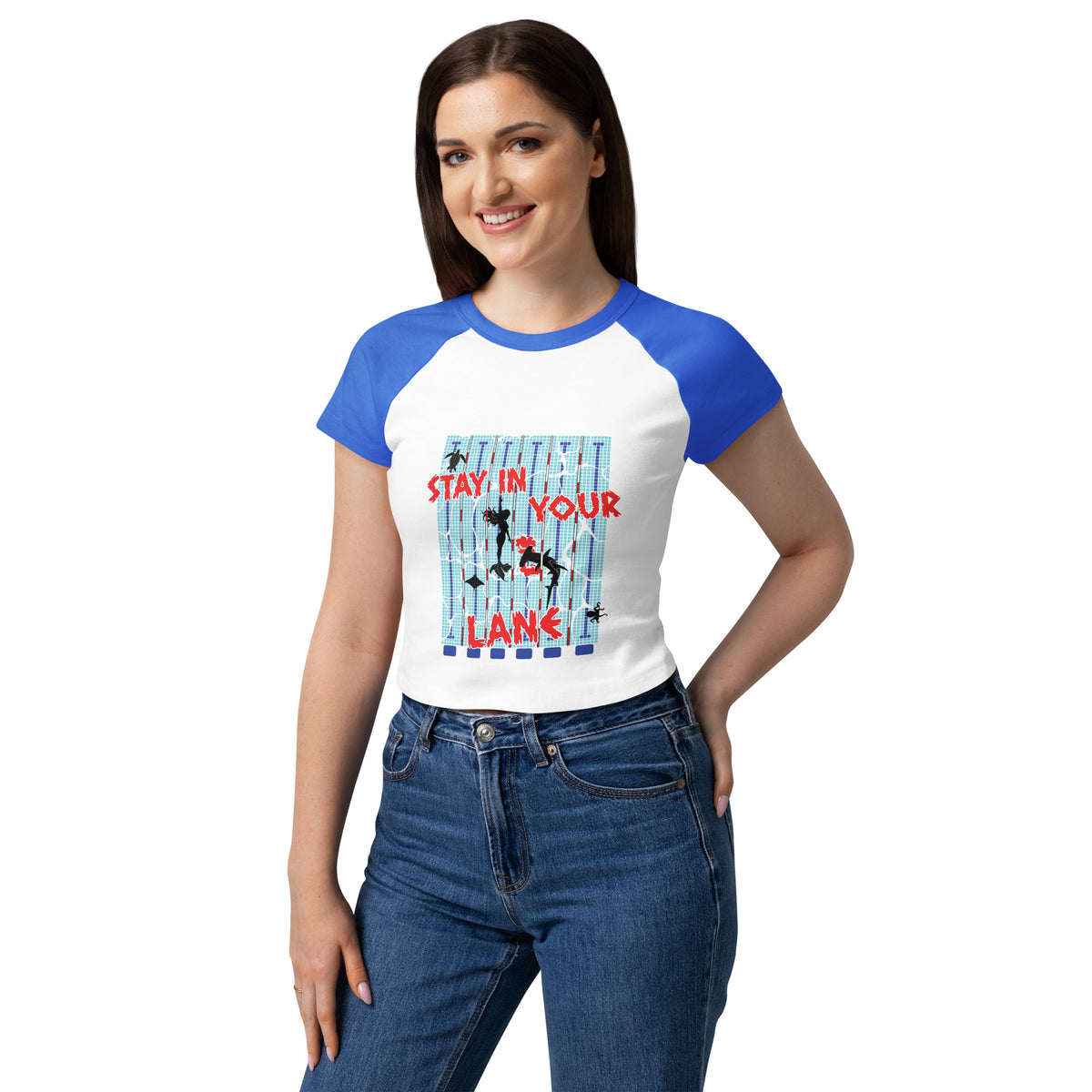 "Stay In Your Lane" women's micro rib raglan boxy baby tee, white body with true royal blue raglan sleeves, front view, featuring a mermaid holding her lane as a hammerhead shark crashes through the ropes in a burst of blood and coral, with a sea turtle, manta ray, and octopus looking on – "Stay In Your Lane" Series by 17th & Surf