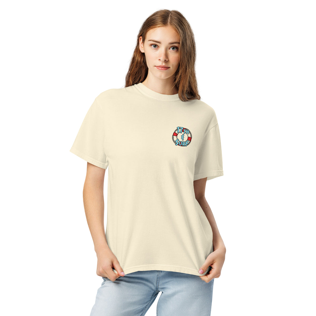 "Stay In Your Lane" tee, Ivory, second front flat lay, featuring a mermaid holding her lane as a hammerhead shark crashes through the ropes in a burst of blood and coral, with a sea turtle, manta ray, and octopus looking on – "Stay In Your Lane" Series by 17th & Surf