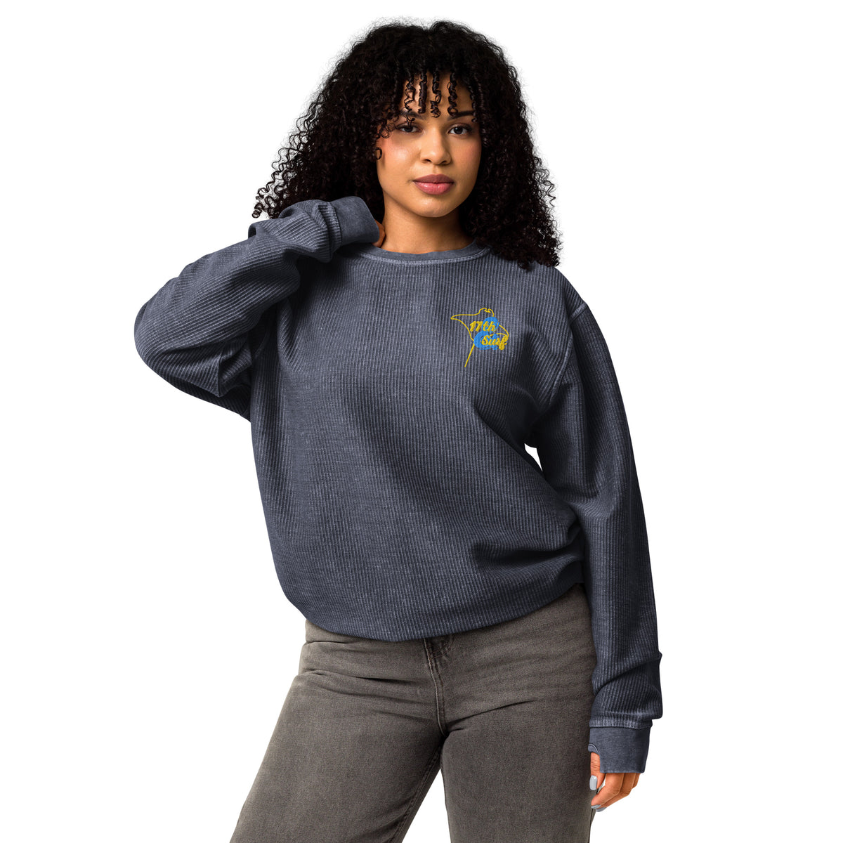 "17th & Surf Stingray" navy comfy cord sweatshirt, third front view, embroidered with the classic 17th & Surf stingray logo – 17th & Surf