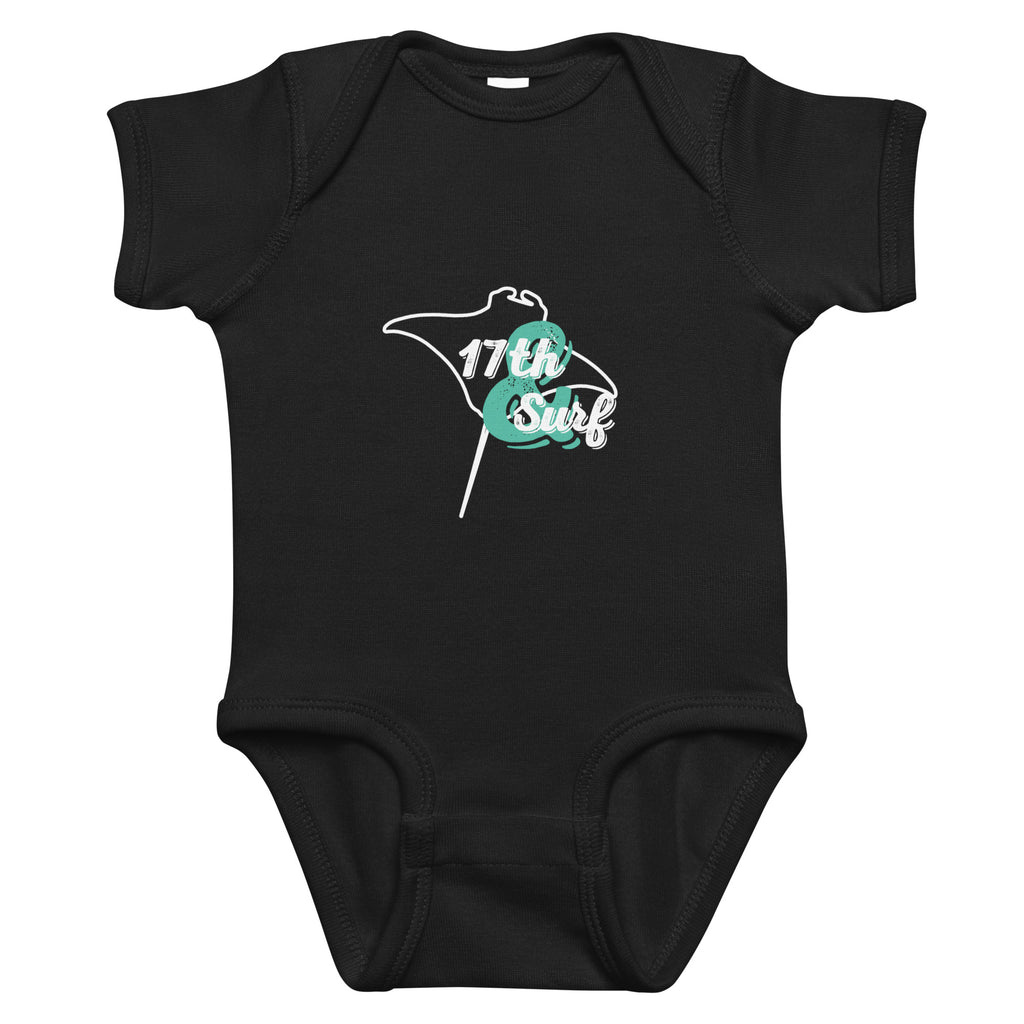 Teal and white stingray-shaped "17th & Surf" logo printed on a black baby short sleeve onesie – flat lay front view – 17th & Surf