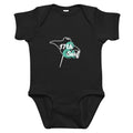 Teal and white stingray-shaped "17th & Surf" logo printed on a black baby short sleeve onesie – flat lay front view – 17th & Surf