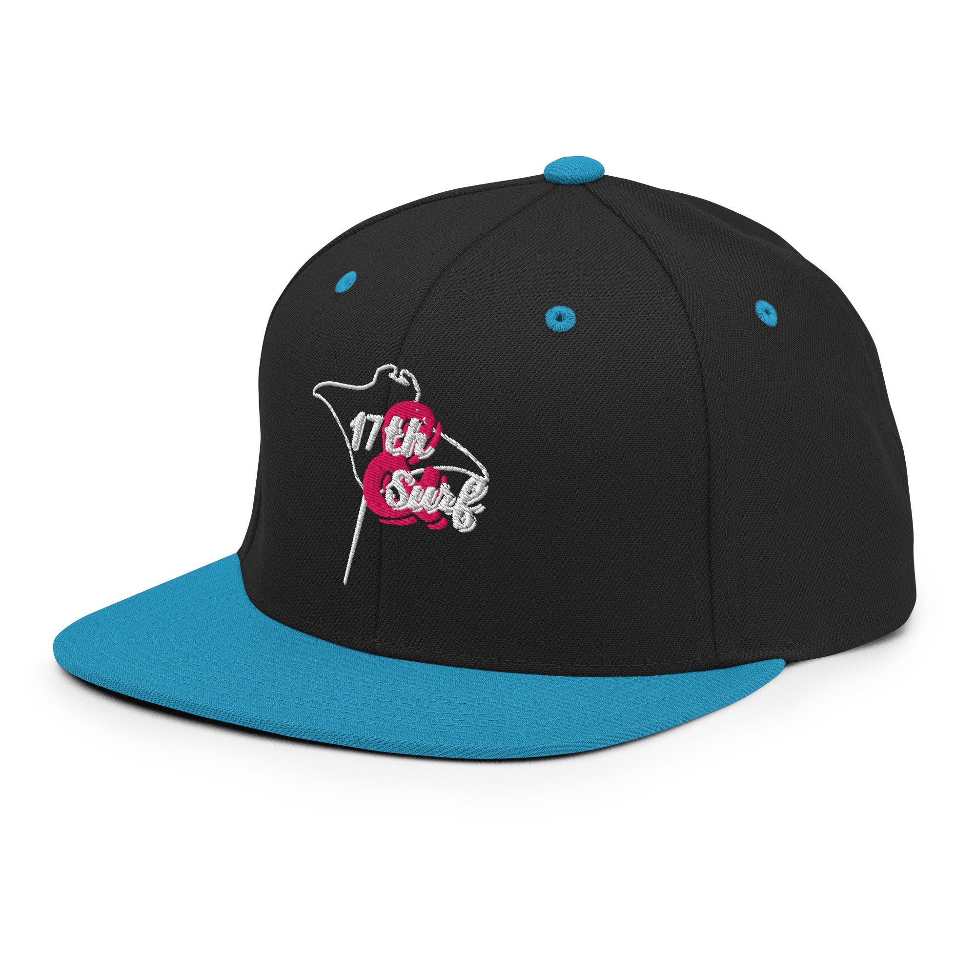 17th & Surf Stingray snapback hat three-quarter angle view showing the stingray-shaped "17th & Surf" logo and teal brim – 17th & Surf