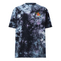 "Stingray" oversized tie-dye tee flat lay in a black, white, and purple "milky way" wash, featuring a small embroidered stingray-shaped "17th & Surf" chest logo – 17th & Surf