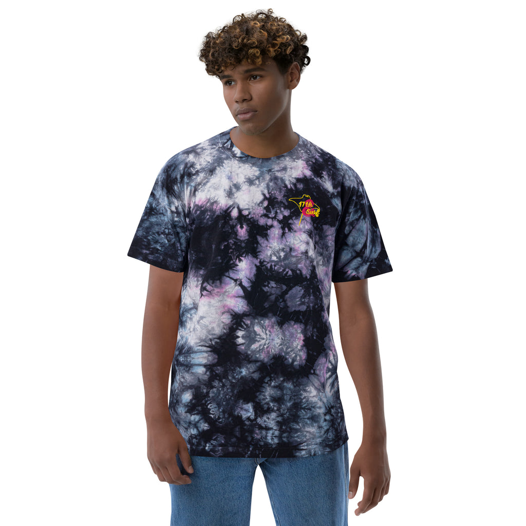 "Stingray" oversized tie-dye tee on model in a black, white, and purple "milky way" wash, featuring a small embroidered stingray-shaped "17th & Surf" chest logo – 17th & Surf