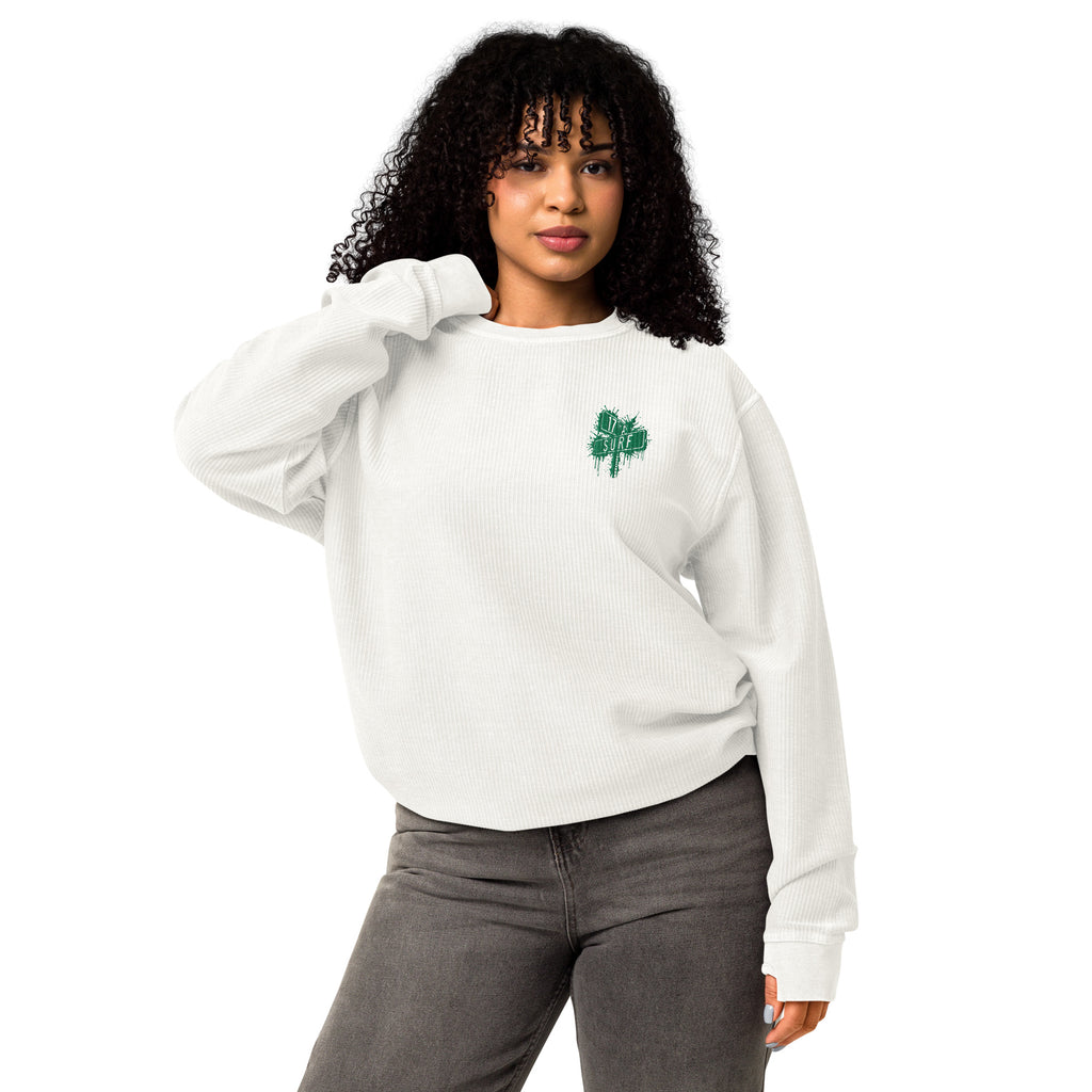 "17th & Surf Street Sign" ivory comfy cord sweatshirt, third front view, embroidered with the 17th & Surf street sign logo – 17th & Surf