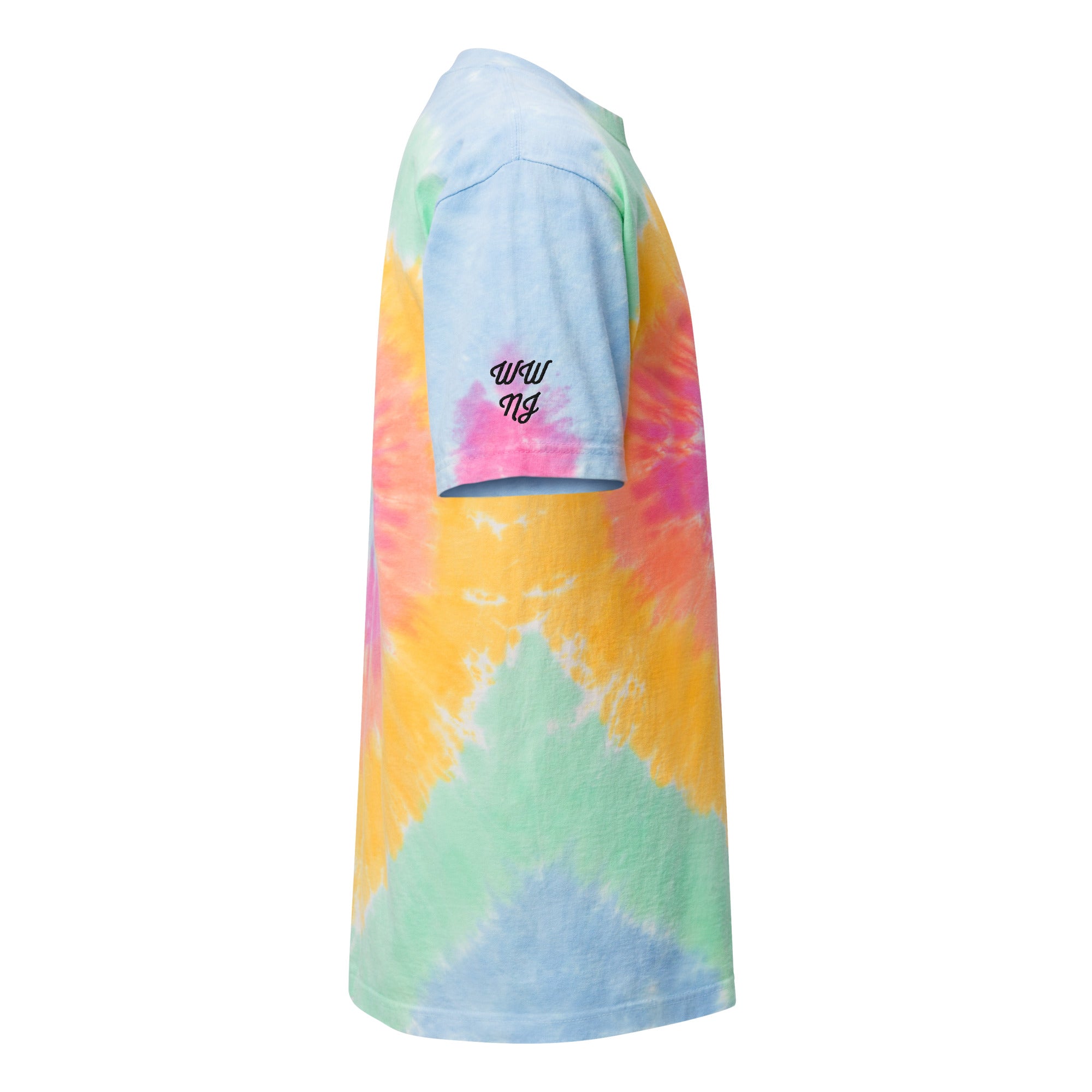 17th & Surf Street Sign Logo oversized tie-dye tee sleeve close-up in a sherbet rainbow wash, showing the embroidered "WW NJ" sleeve text – 17th & Surf