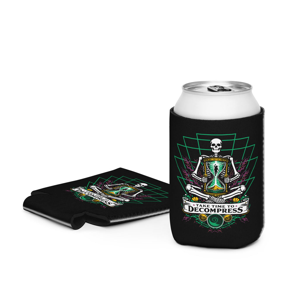 "Take Time To Decompress" black 12oz can coolers, regular size on a can showing the front meditating skeleton design and slim size folded flat showing the back "17th & Surf" hourglass logo – 17th & Surf