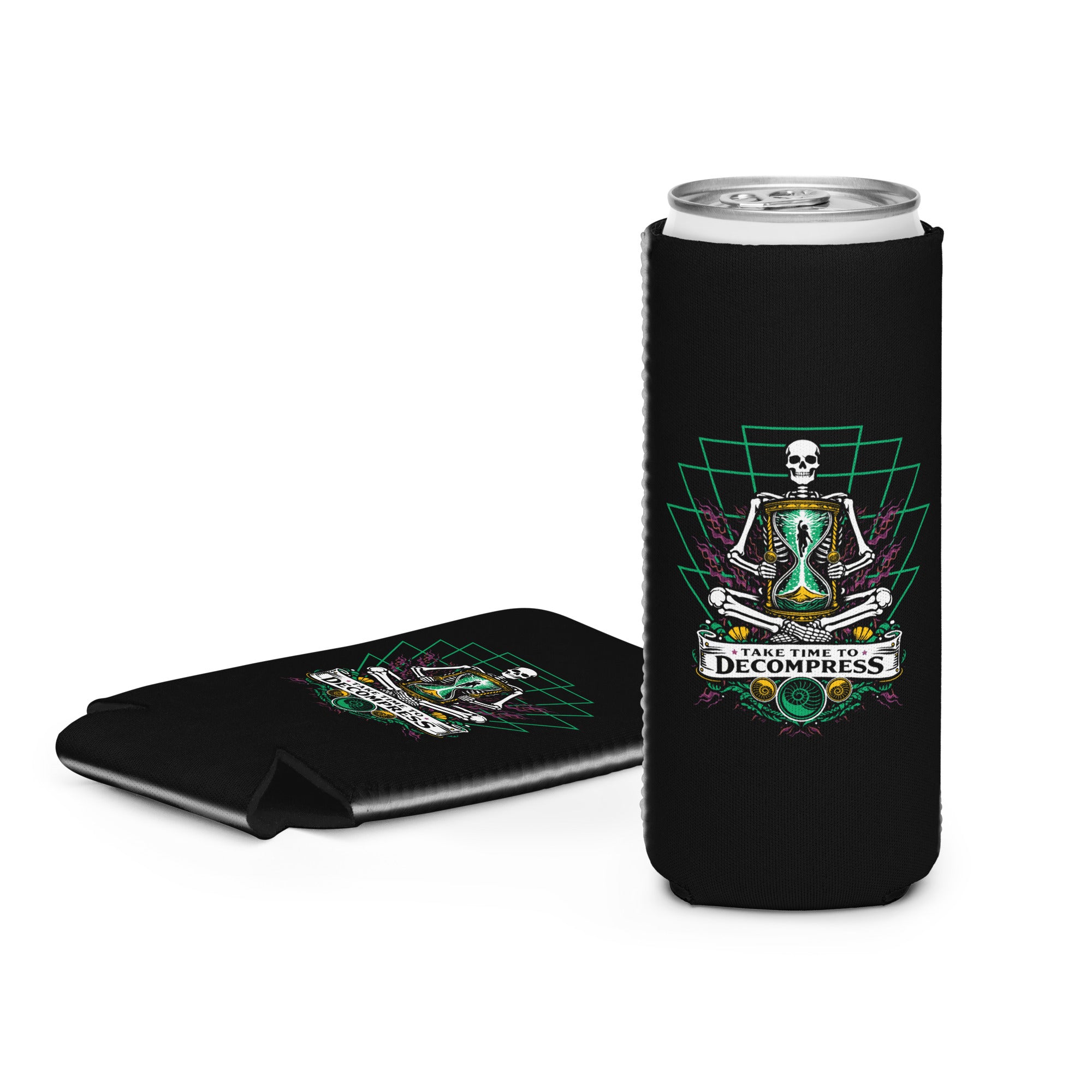 "Take Time To Decompress" black 12oz can coolers, slim size on a can showing the front meditating skeleton design and regular size folded flat showing the back "17th & Surf" hourglass logo – 17th & Surf
