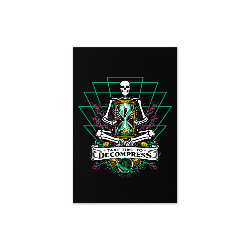 "Take Time To Decompress" Get Well Soon Card, front cover, featuring a meditating skeleton holding a glowing hourglass with a tiny silhouette inside, framed by a green geometric pyramid pattern with purple coral accents and gold ammonite shells, above a "Take Time To Decompress" banner – 17th & Surf