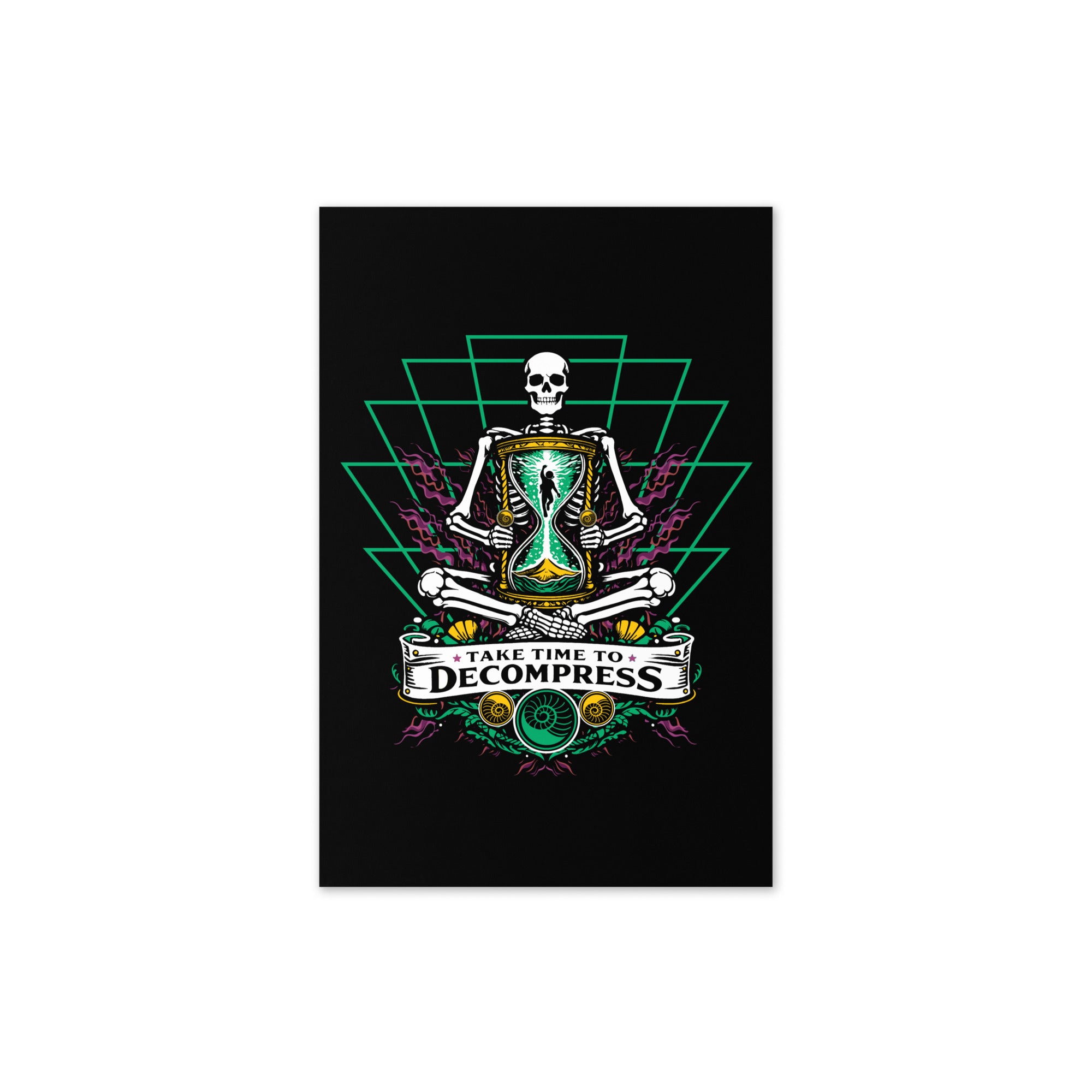"Take Time To Decompress" Get Well Soon Card, front cover, featuring a meditating skeleton holding a glowing hourglass with a tiny silhouette inside, framed by a green geometric pyramid pattern with purple coral accents and gold ammonite shells, above a "Take Time To Decompress" banner – 17th & Surf