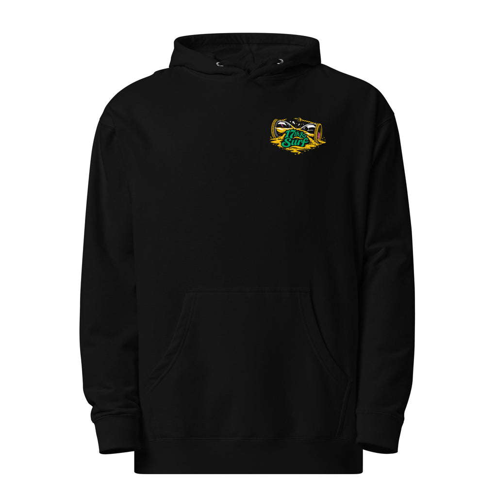 "Take Time To Decompress" black midweight hoodie, front flat lay, featuring a small gold and teal "17th & Surf" hourglass logo on the left chest – 17th & Surf