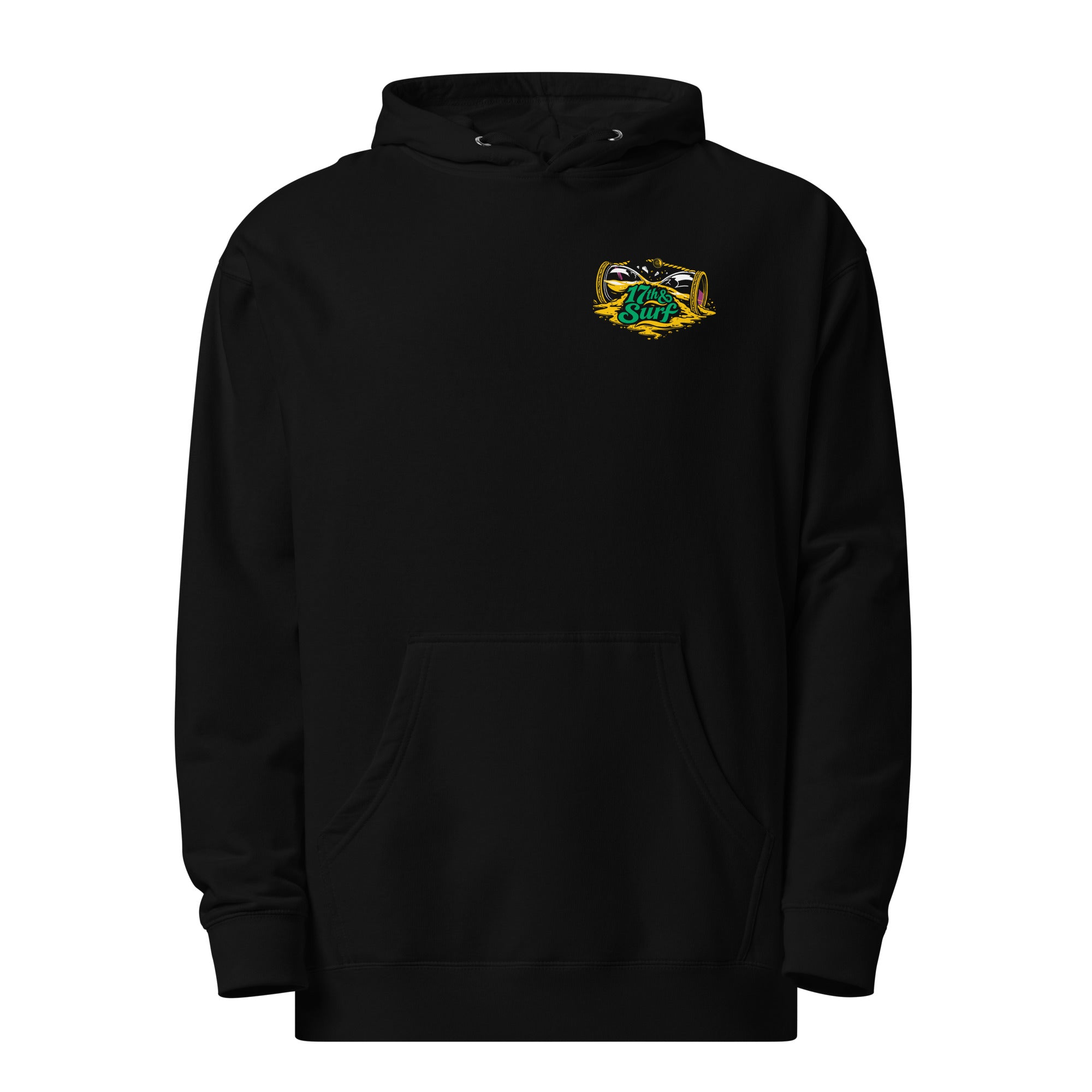 "Take Time To Decompress" black midweight hoodie, front flat lay, featuring a small gold and teal "17th & Surf" hourglass logo on the left chest – 17th & Surf