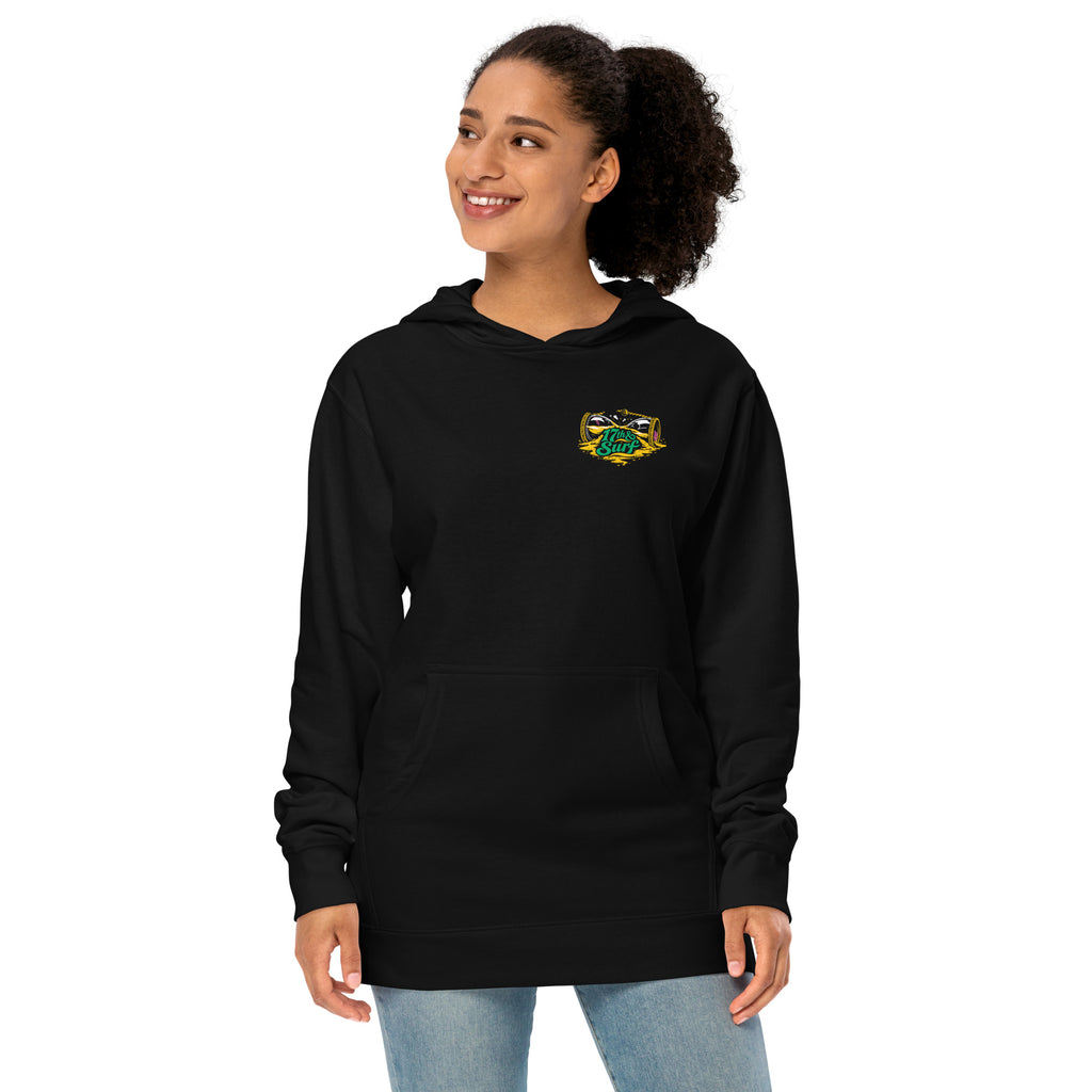 "Take Time To Decompress" black midweight hoodie on female model, front view, featuring a small gold and teal "17th & Surf" hourglass logo on the left chest – 17th & Surf
