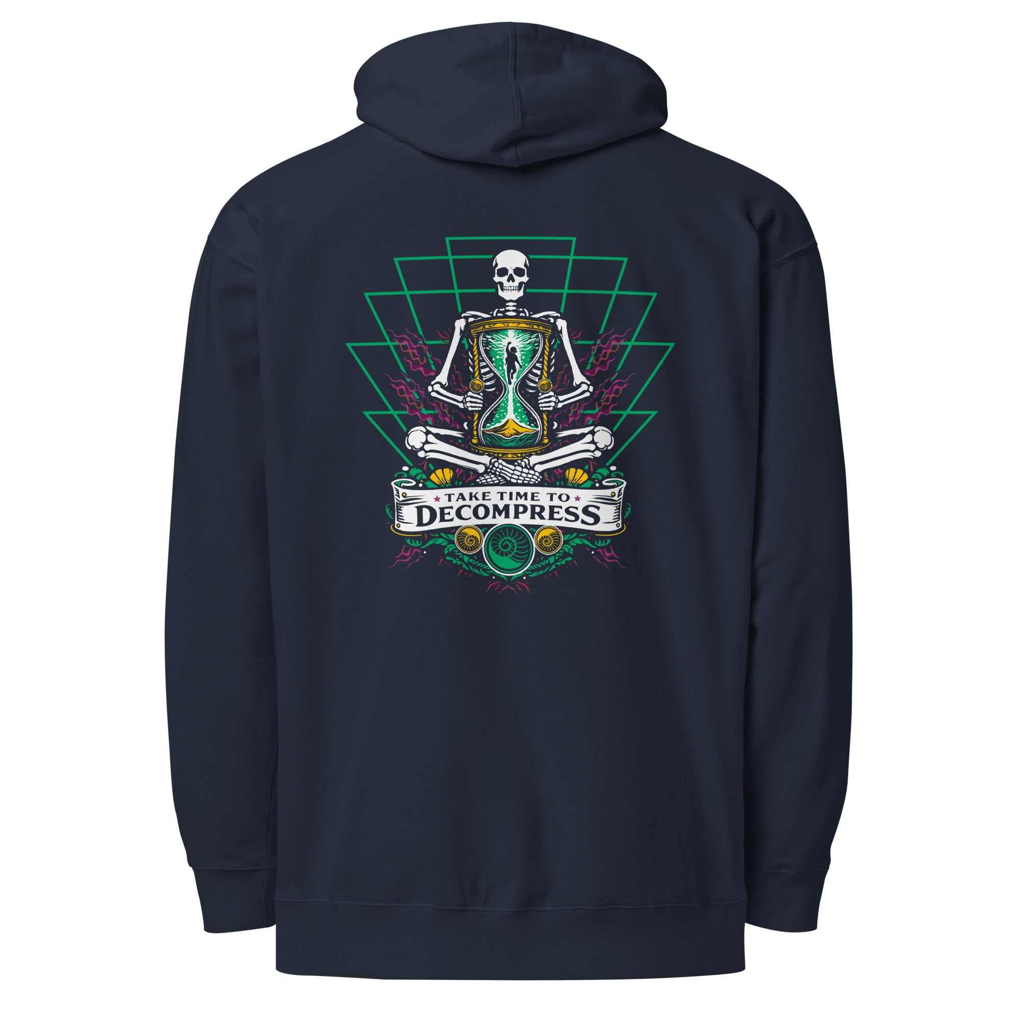 "Take Time To Decompress" classic navy midweight hoodie, back flat lay, featuring a meditating skeleton holding a glowing hourglass with a tiny silhouette inside, framed by a green geometric pyramid pattern with purple coral accents and gold ammonite shells, above a "Take Time To Decompress" banner – 17th & Surf