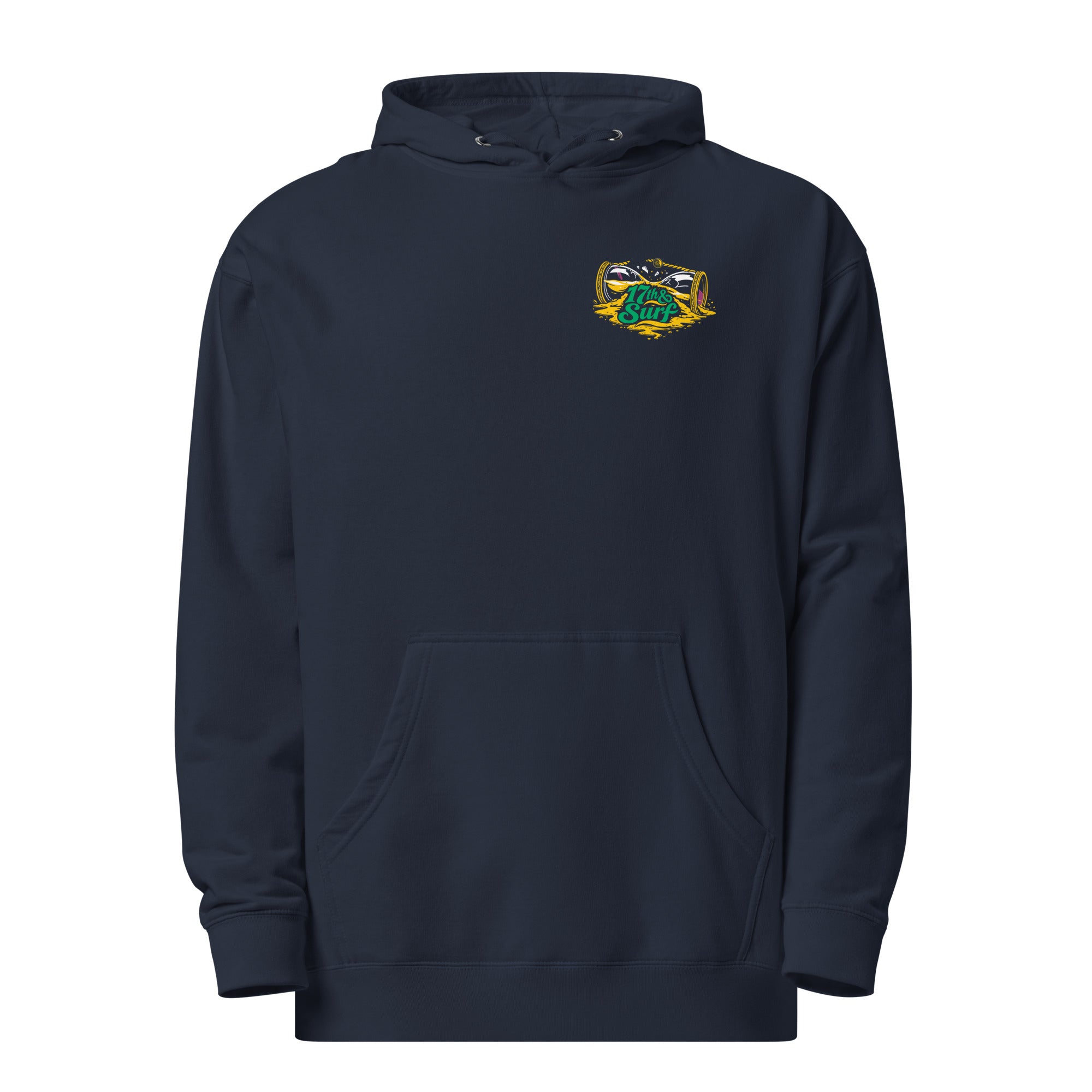 "Take Time To Decompress" classic navy midweight hoodie, front flat lay, featuring a small gold and teal "17th & Surf" hourglass logo on the left chest – 17th & Surf