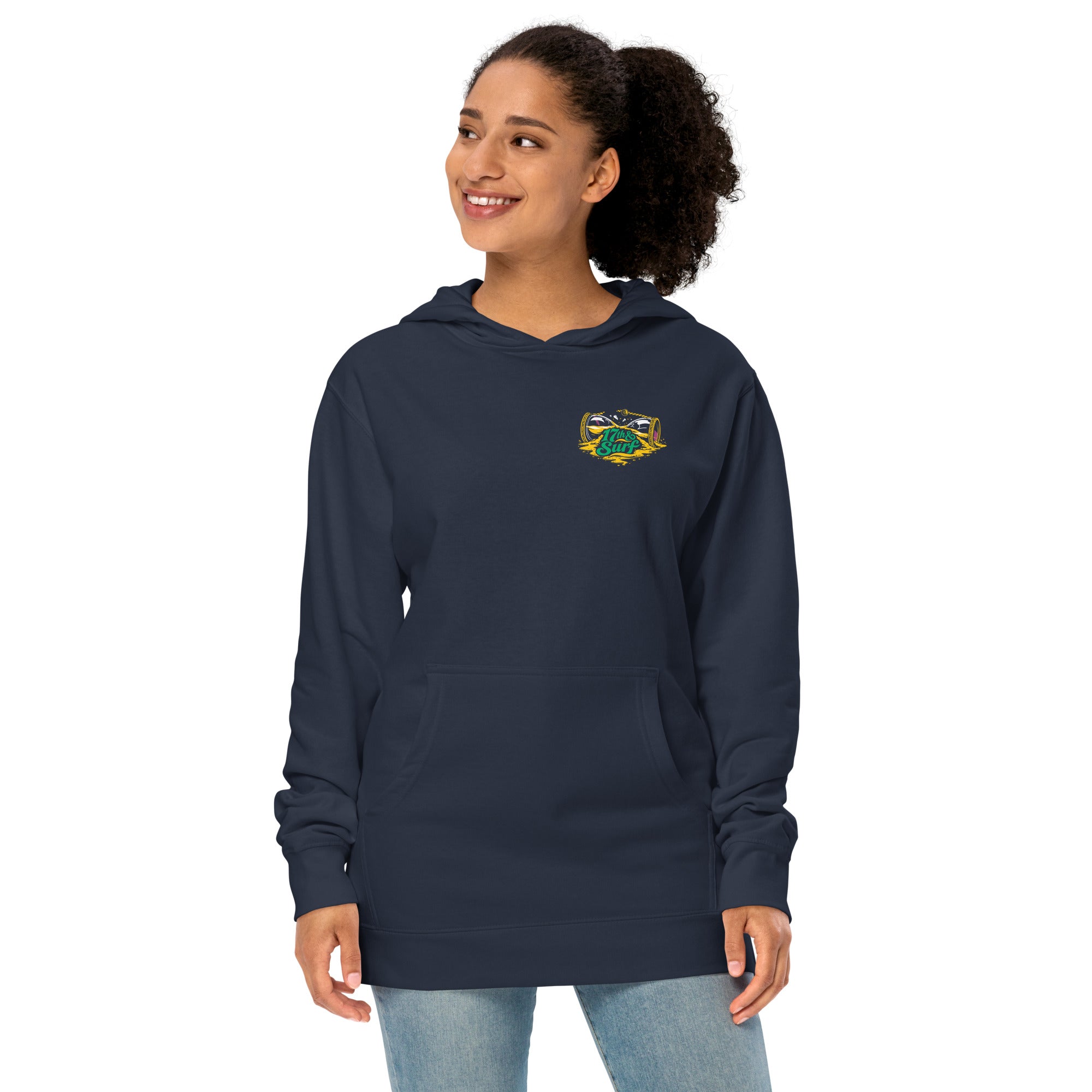 "Take Time To Decompress" classic navy midweight hoodie on female model, front view, featuring a small gold and teal "17th & Surf" hourglass logo on the left chest – 17th & Surf