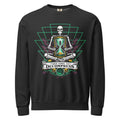 "Take Time To Decompress" black lightweight crewneck sweatshirt, front flat lay, featuring a meditating skeleton holding a glowing hourglass with a tiny silhouette inside, framed by a green geometric pyramid pattern with purple coral accents and gold ammonite shells, above a "Take Time To Decompress" banner – 17th & Surf