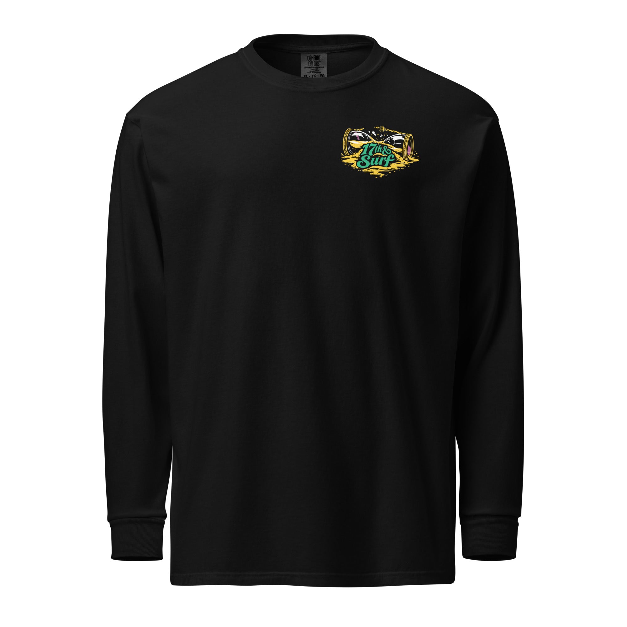 "Take Time To Decompress" black heavyweight long sleeve shirt, front flat lay, featuring a small gold and teal "17th & Surf" hourglass logo on the left chest – 17th & Surf