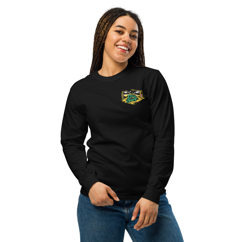 "Take Time To Decompress" black heavyweight long sleeve shirt on female model, front view, featuring a small gold and teal "17th & Surf" hourglass logo on the left chest – 17th & Surf