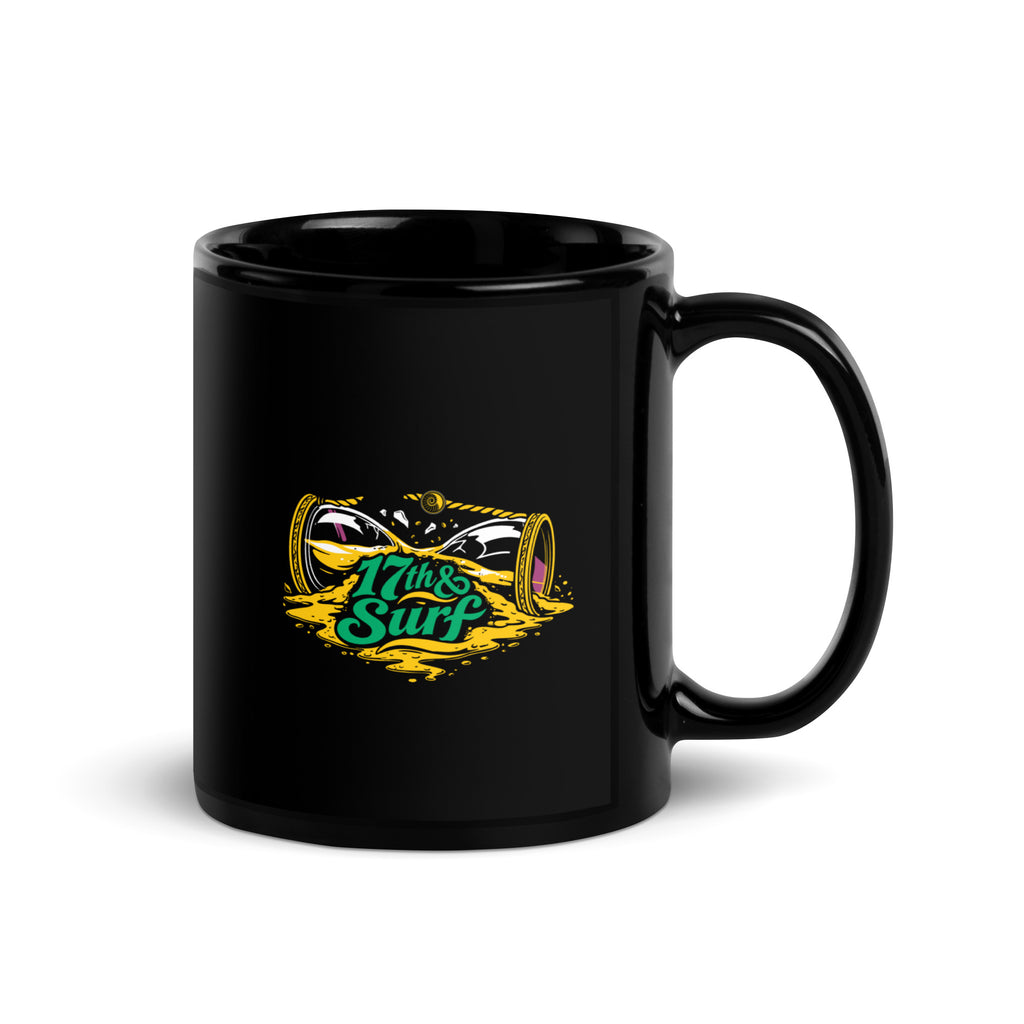 "Take Time To Decompress" black glossy 11oz mug, handle on right, featuring a gold and teal "17th & Surf" hourglass logo – 17th & Surf