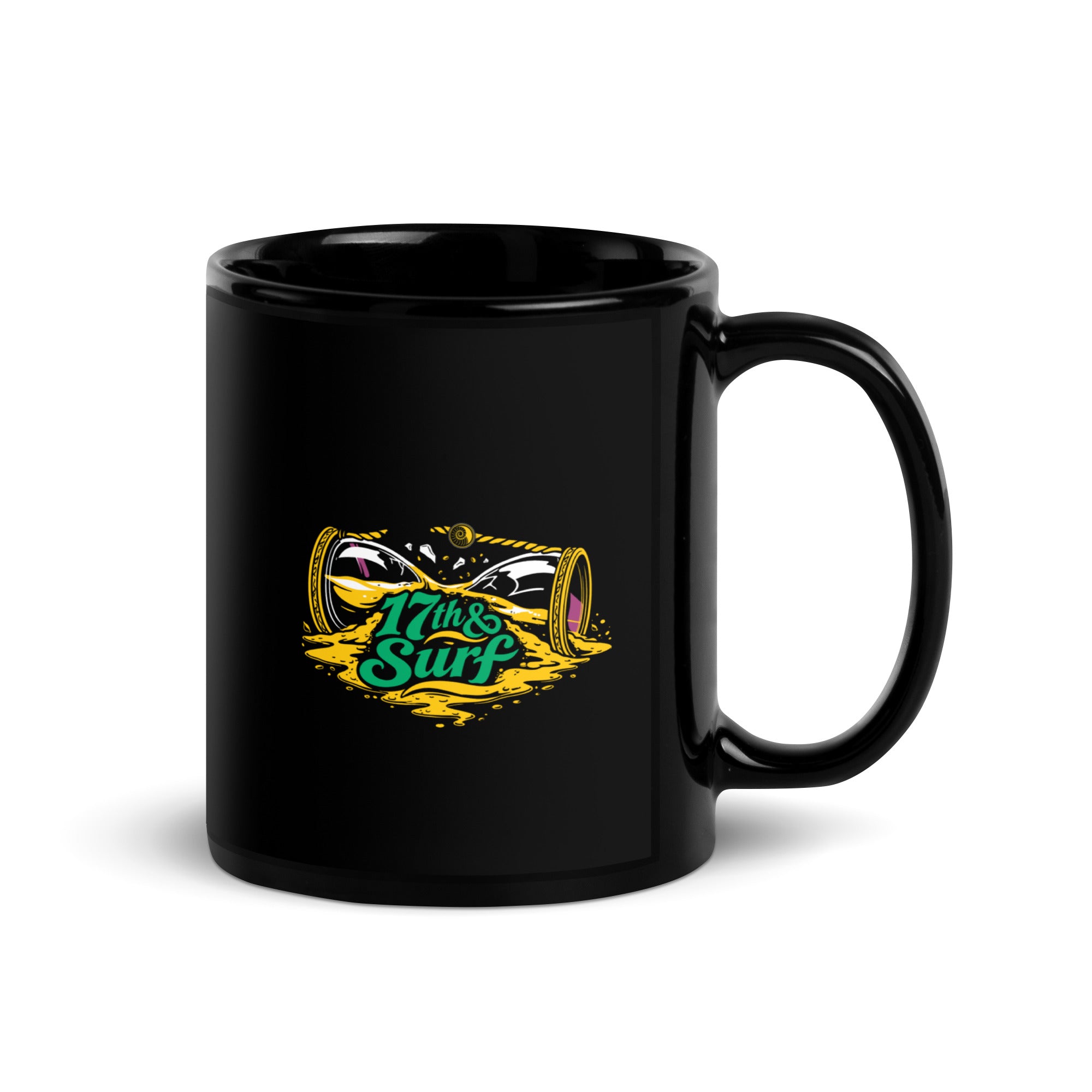 "Take Time To Decompress" black glossy 11oz mug, handle on right, featuring a gold and teal "17th & Surf" hourglass logo – 17th & Surf