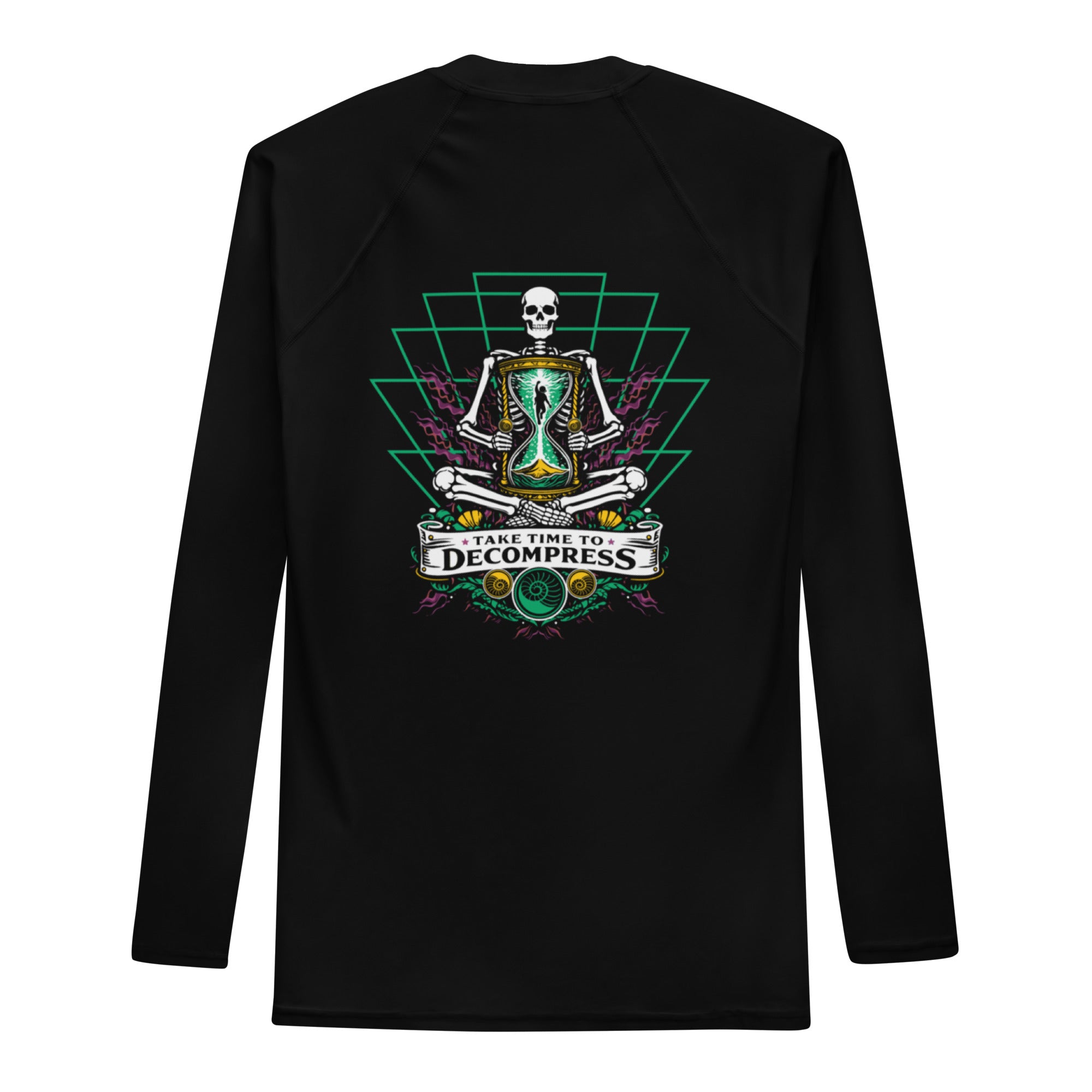 "Take Time To Decompress" white rash guard, back detail view, featuring the small gold and teal "17th & Surf" hourglass logo near the collar – 17th & Surf