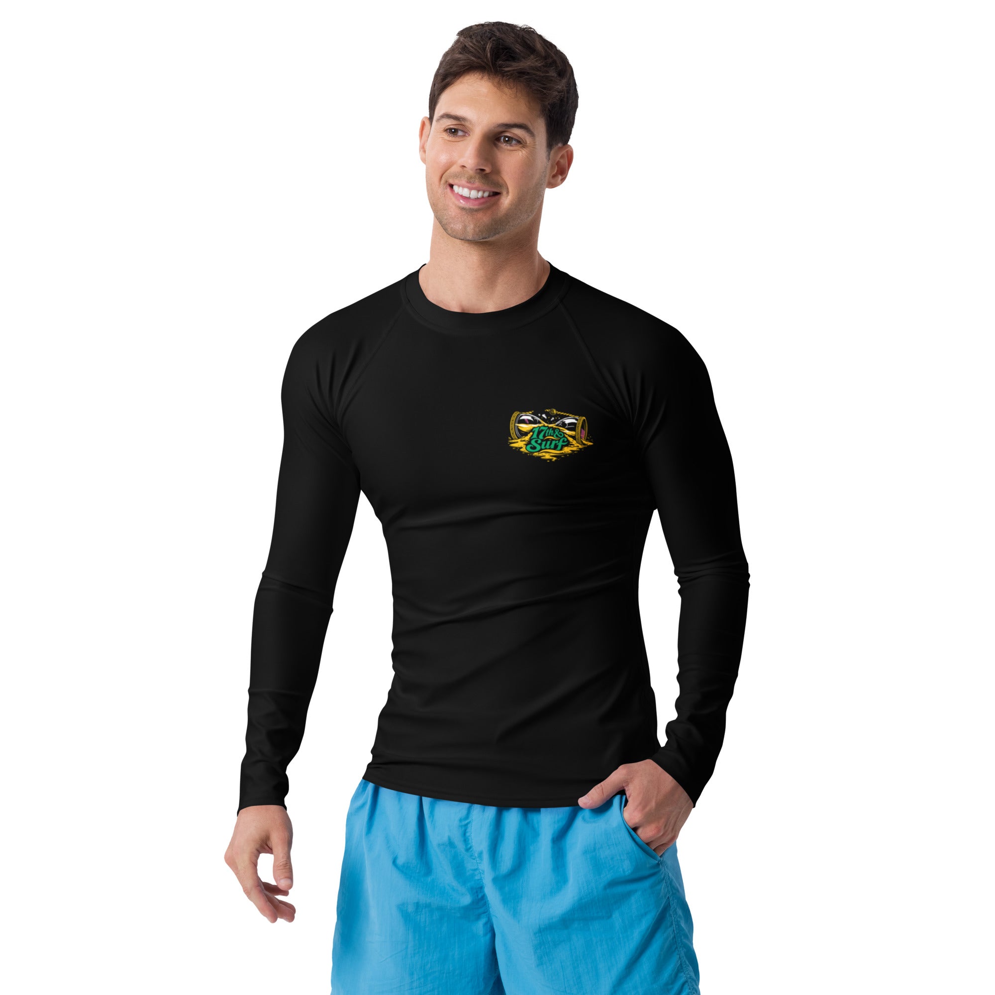 "Take Time To Decompress" white rash guard, front angle view, featuring the meditating skeleton and glowing hourglass graphic framed by a green geometric pyramid pattern with purple coral accents and gold ammonite shells – 17th & Surf