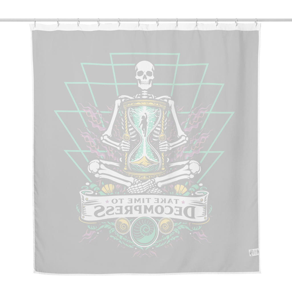 "Take Time To Decompress" white shower curtain, reverse side showing the design visible through the fabric – 17th & Surf
