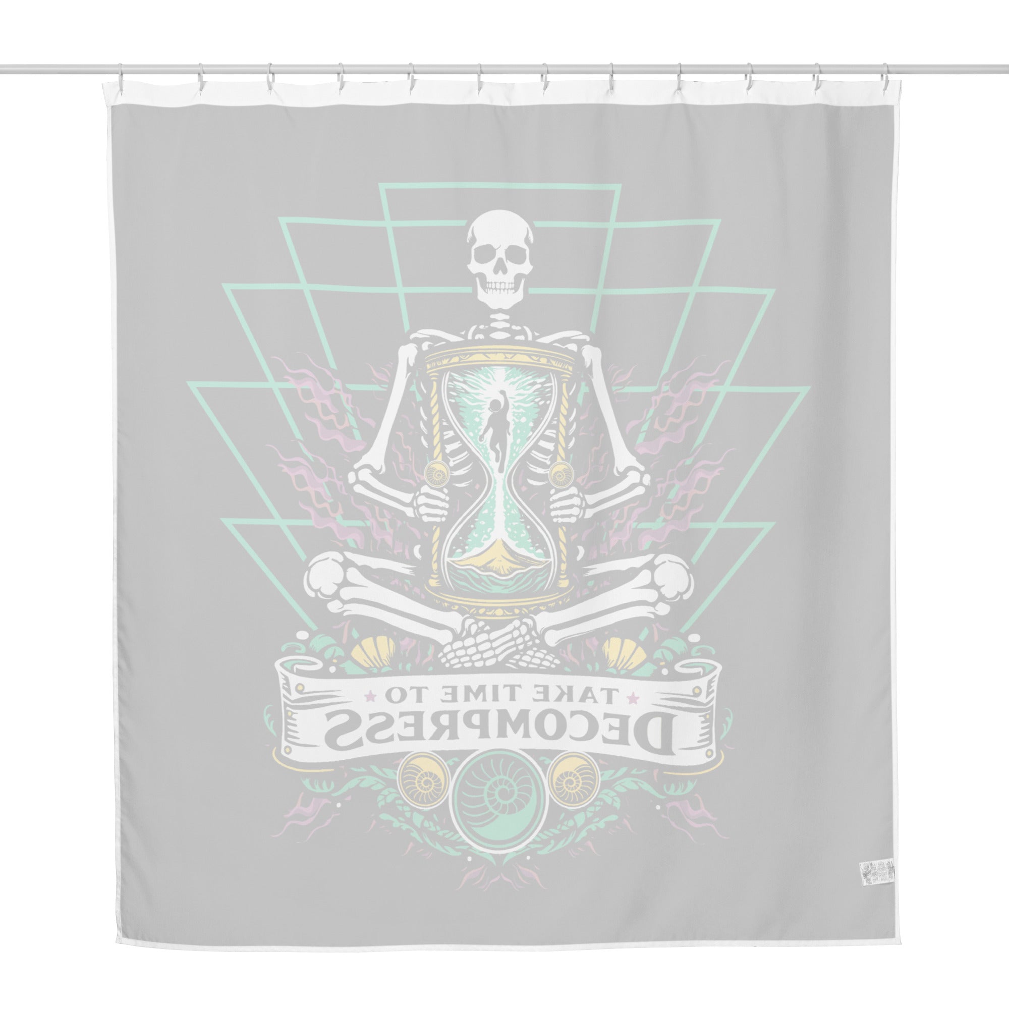 "Take Time To Decompress" white shower curtain, reverse side showing the design visible through the fabric – 17th & Surf